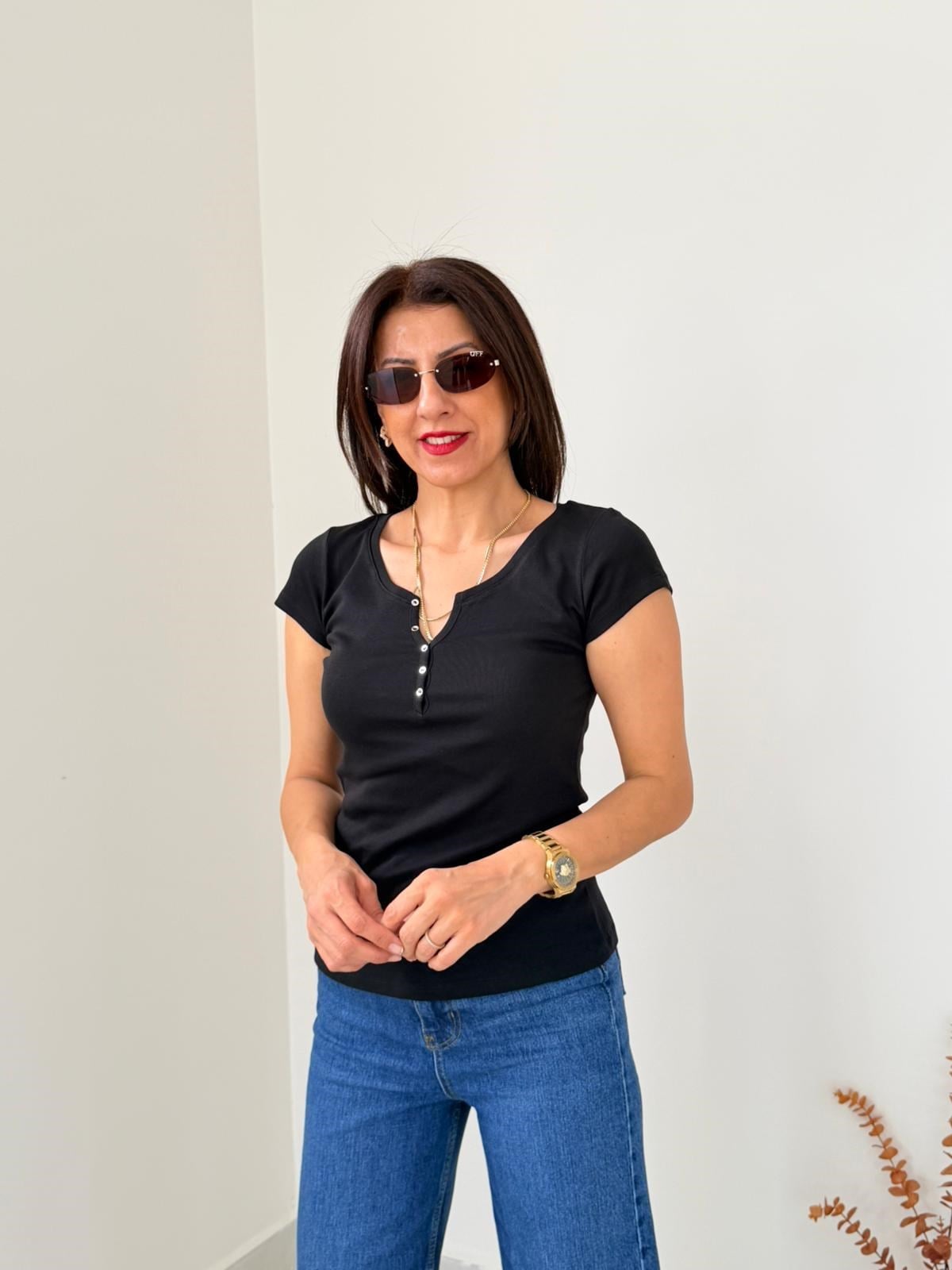 Düğme Detaylı Tshirt Siyah 