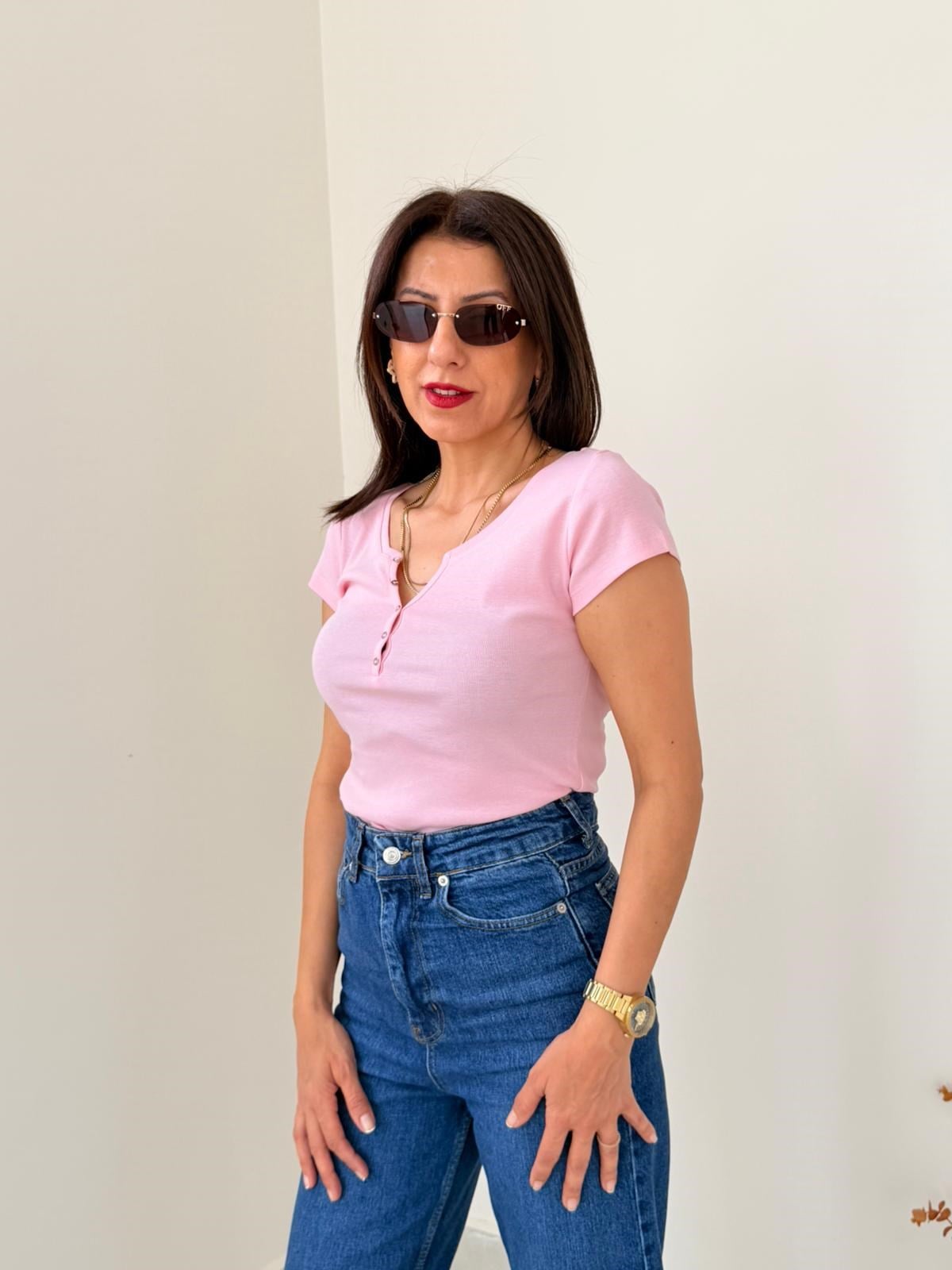 Düğme Detaylı Tshirt Toz pembe