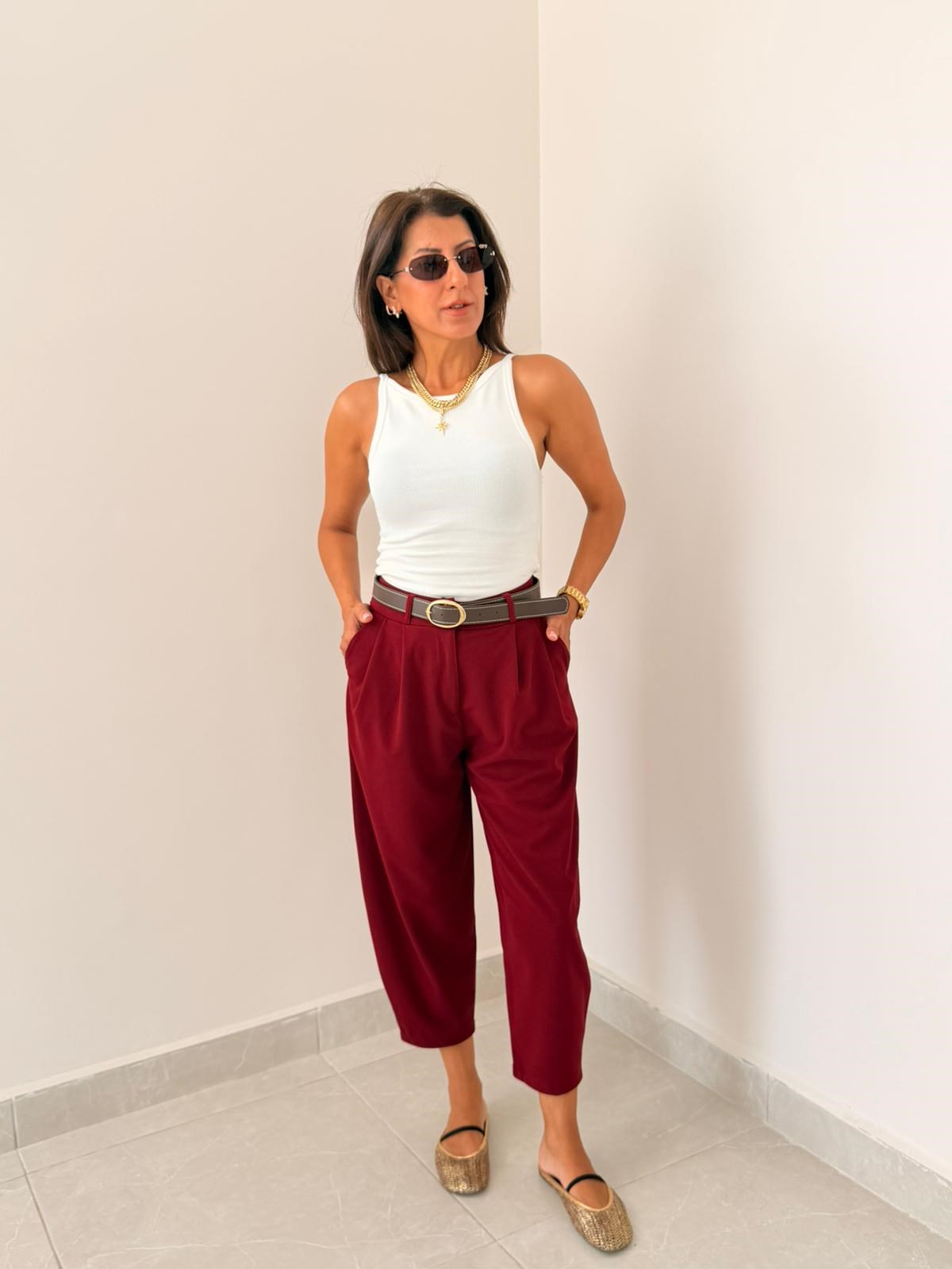 Düğmeli Krep Kumaş Balon Pantolon Bordo