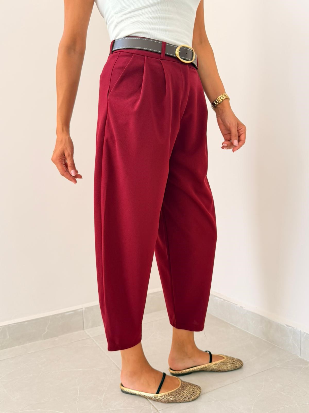 Düğmeli Krep Kumaş Balon Pantolon Bordo