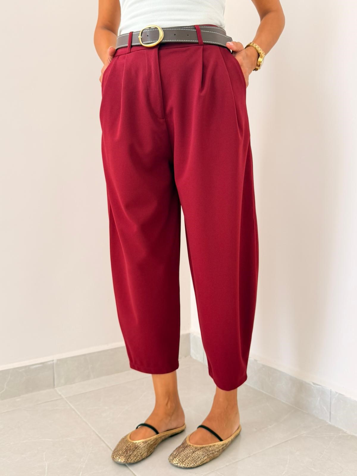 Düğmeli Krep Kumaş Balon Pantolon Bordo