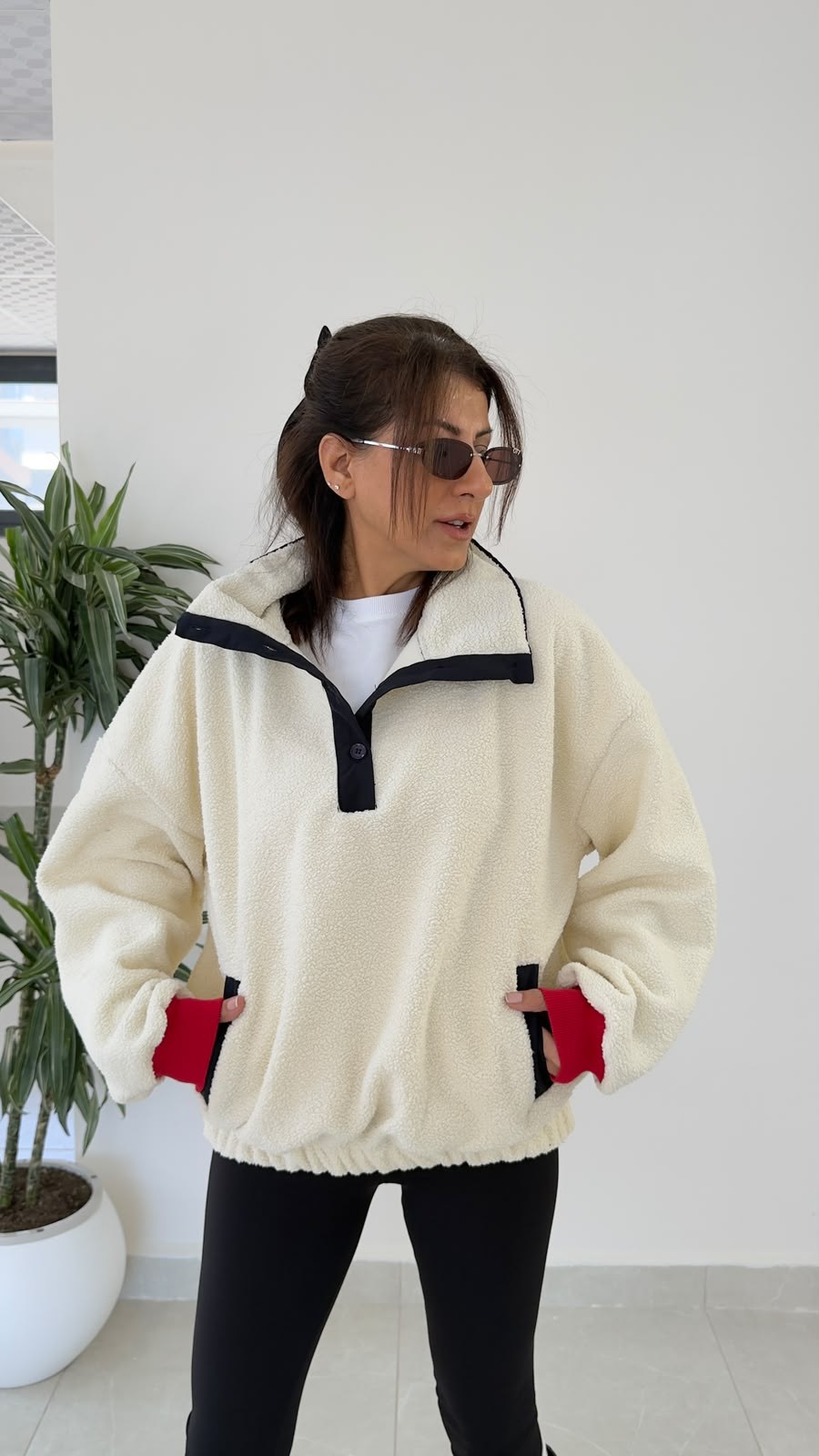 Düğmeli Teddy Polar Sweat Ekru 