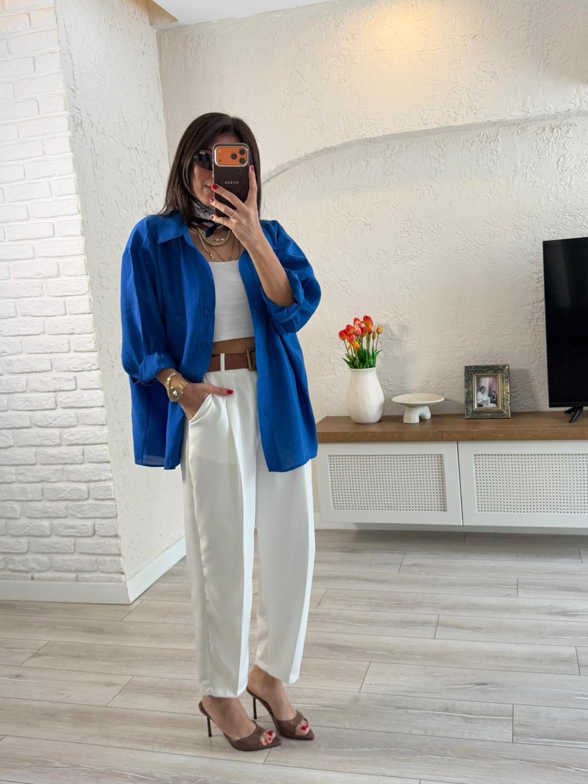 Düşük Omuzlu Oversize Gömlek Sax