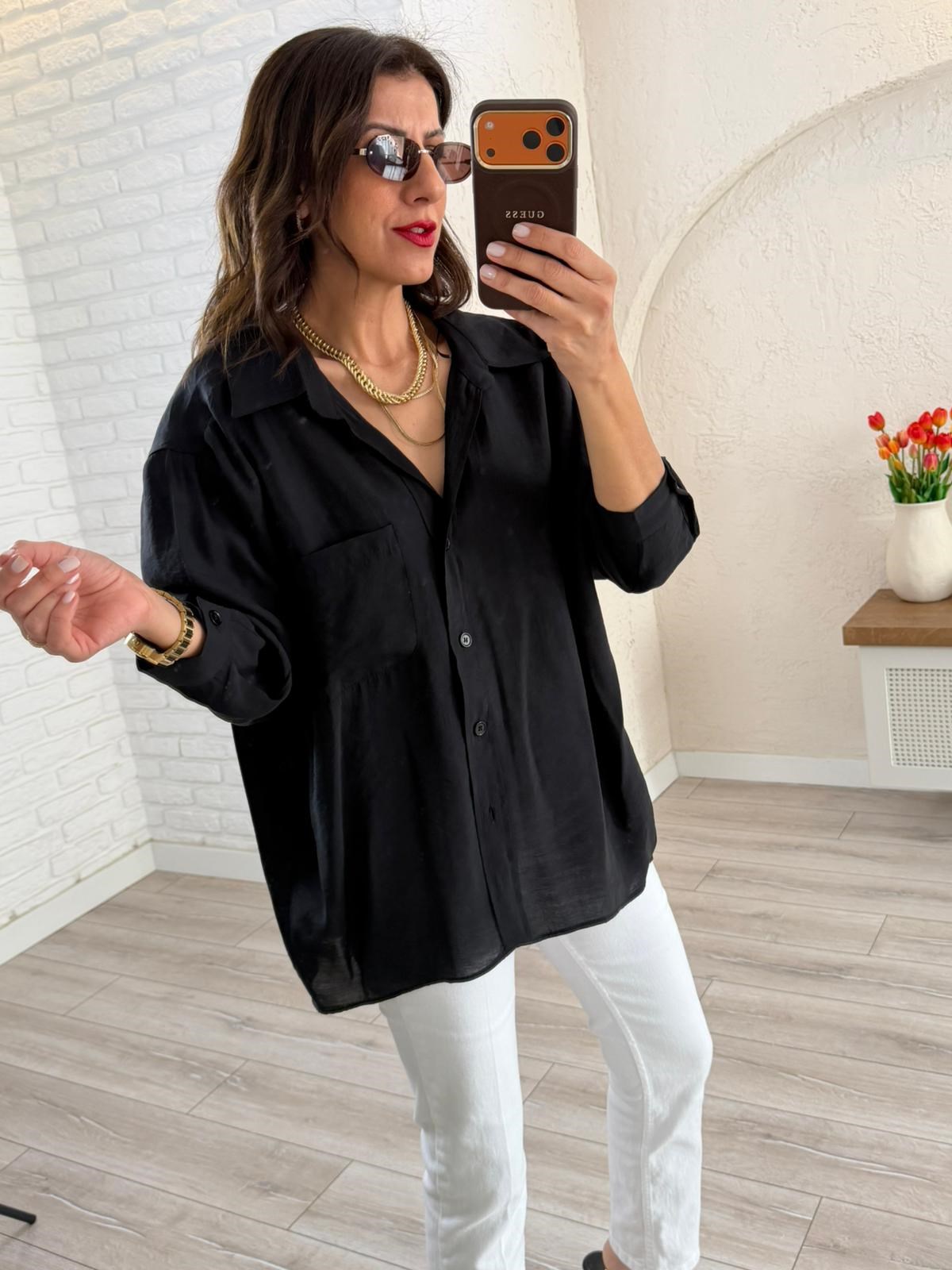 Düşük Omuzlu Oversıze Gömlek Siyah