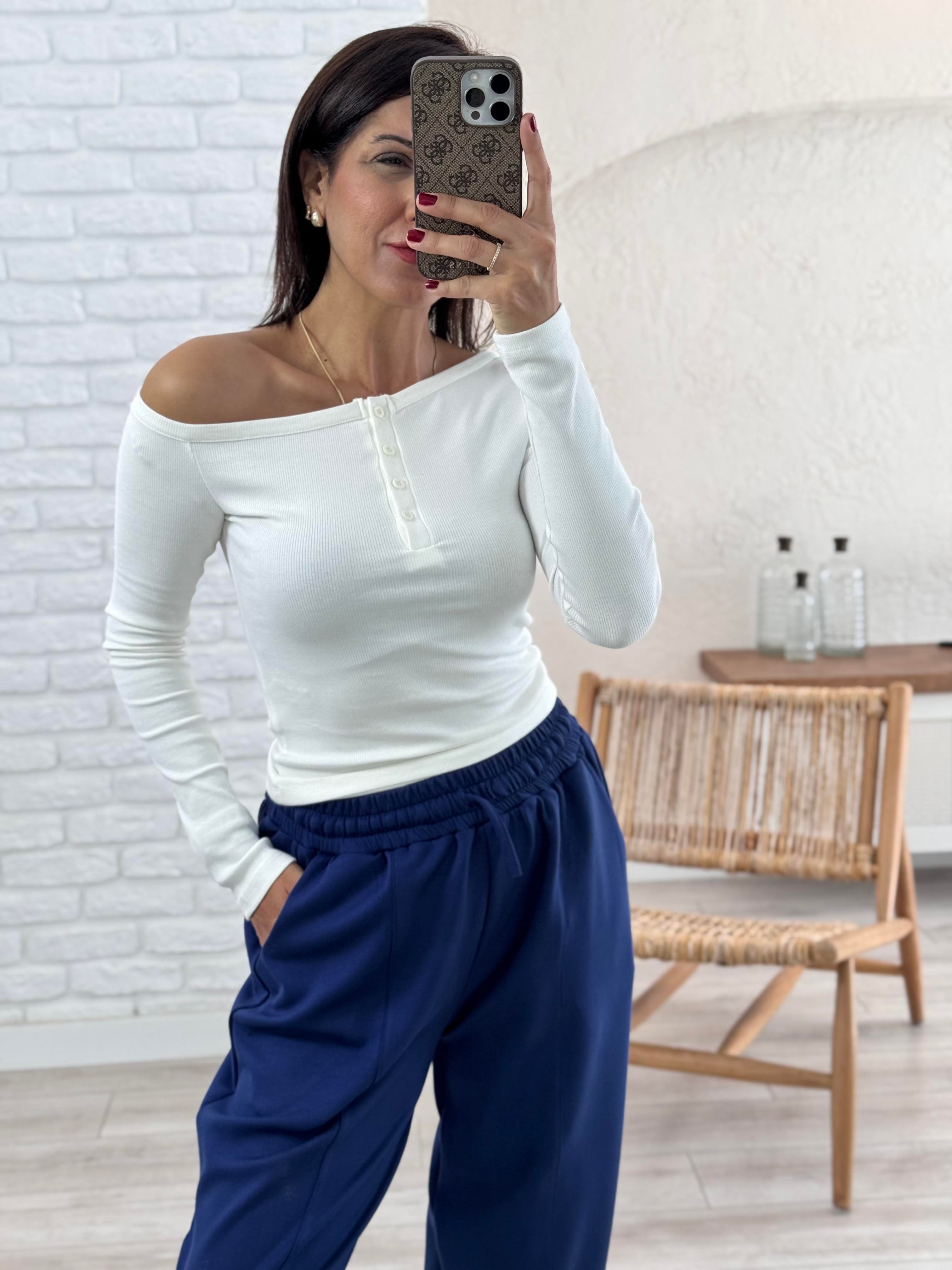 Ekru Kayık yaka Düğmeli Uzun Kol Fitilli Badi