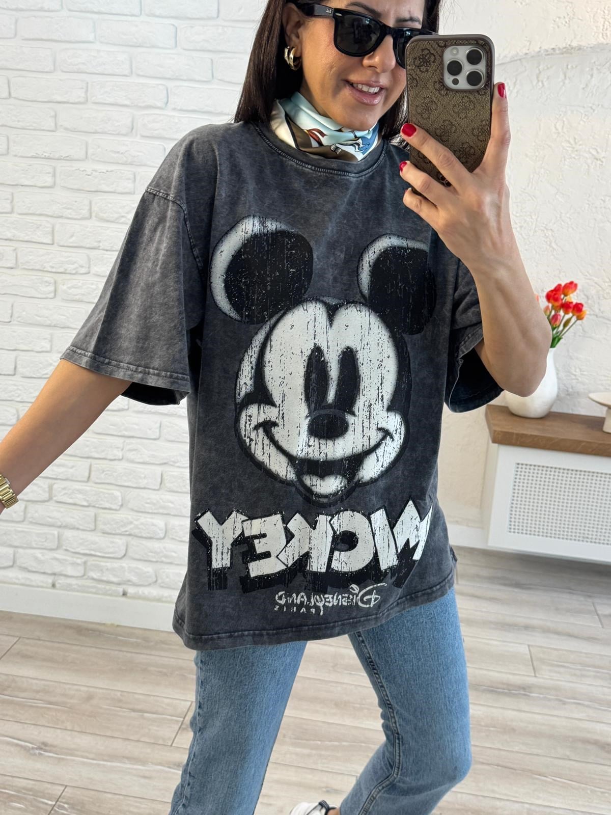 Eskitme Miki Baskılı Oversize Tişört Antrasit