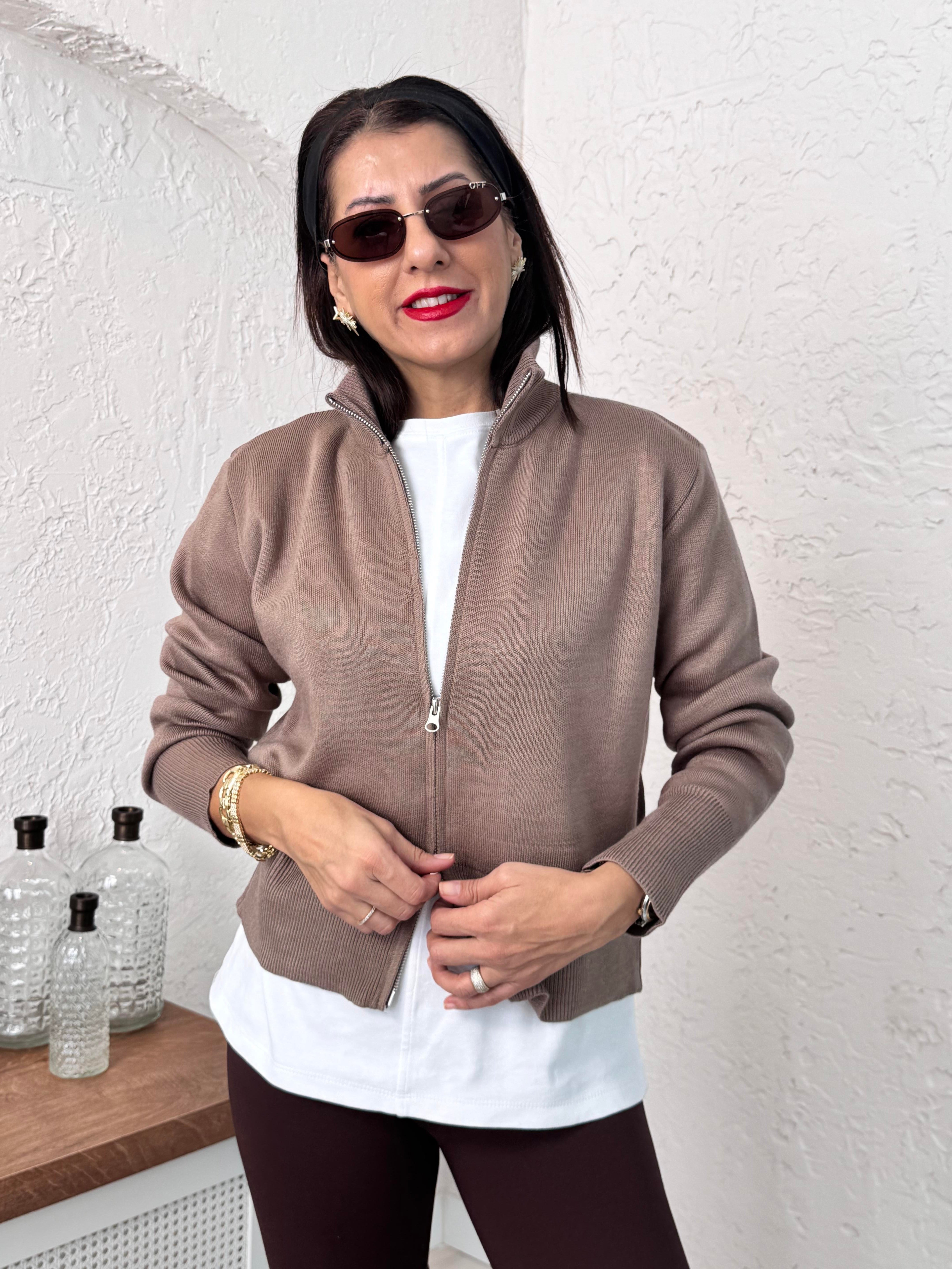 Fermuarlı triko Hırka Vizon