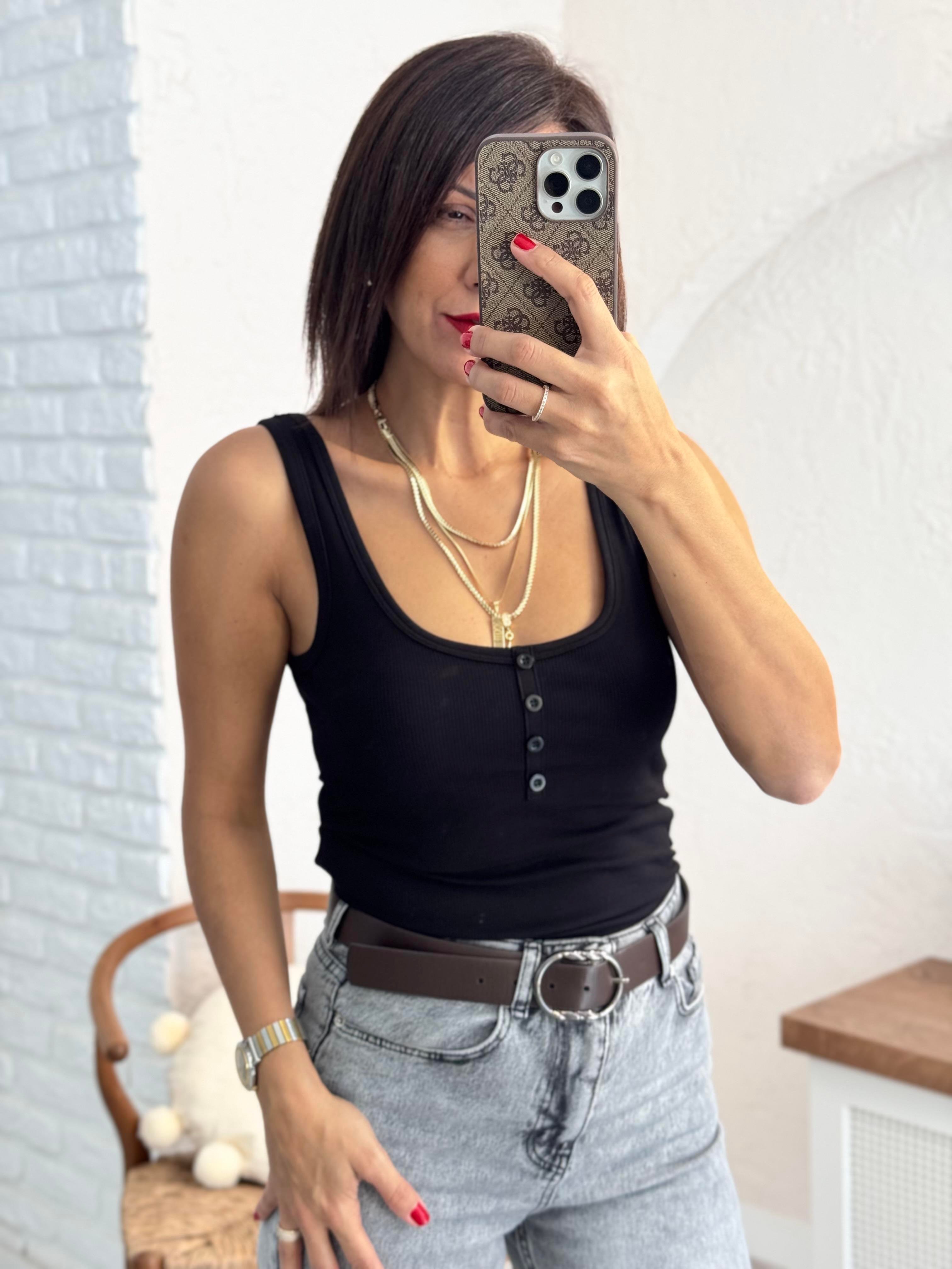 Fitilli Ön düğmeli Atlet  Siyah