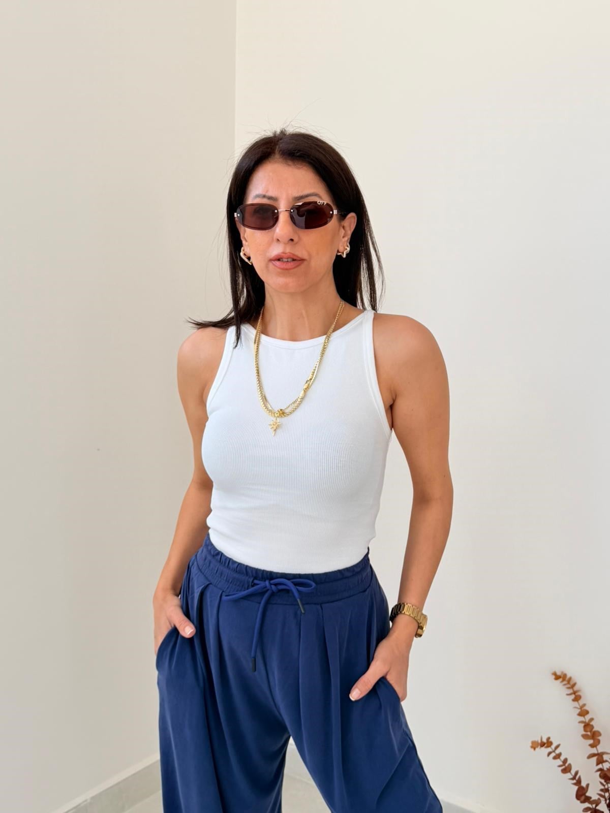 Halter Yaka Fitilli Top Ekru