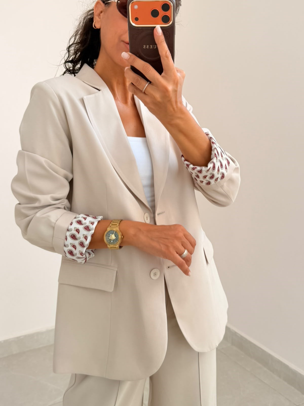 İç Astarı Desenli Blazer ceket Pantolon Takım Bej 