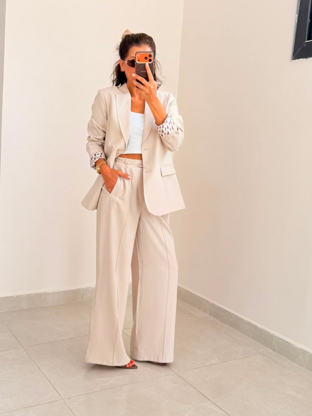 İç Astarı Desenli Blazer ceket Pantolon Takım Bej 