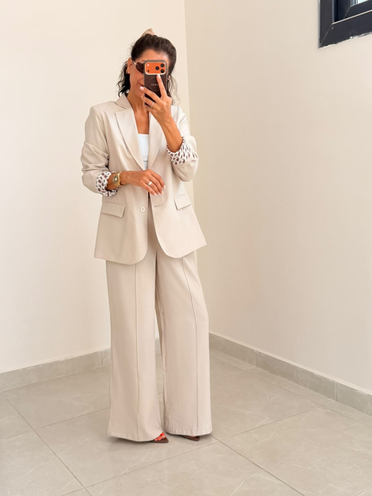 İç Astarı Desenli Blazer ceket Pantolon Takım Bej 
