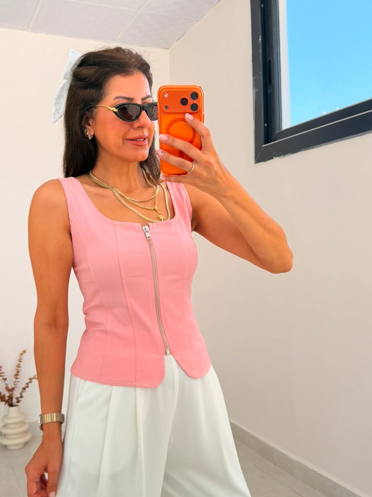 İnce Kot Kumaş Ön Fermuarlı Top Pembe