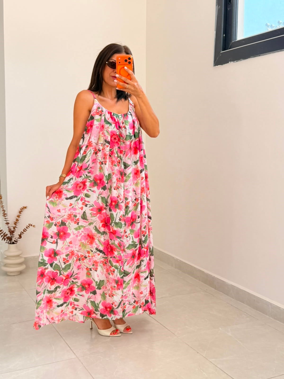 İp Askılı Pembe Desenli Elbise 
