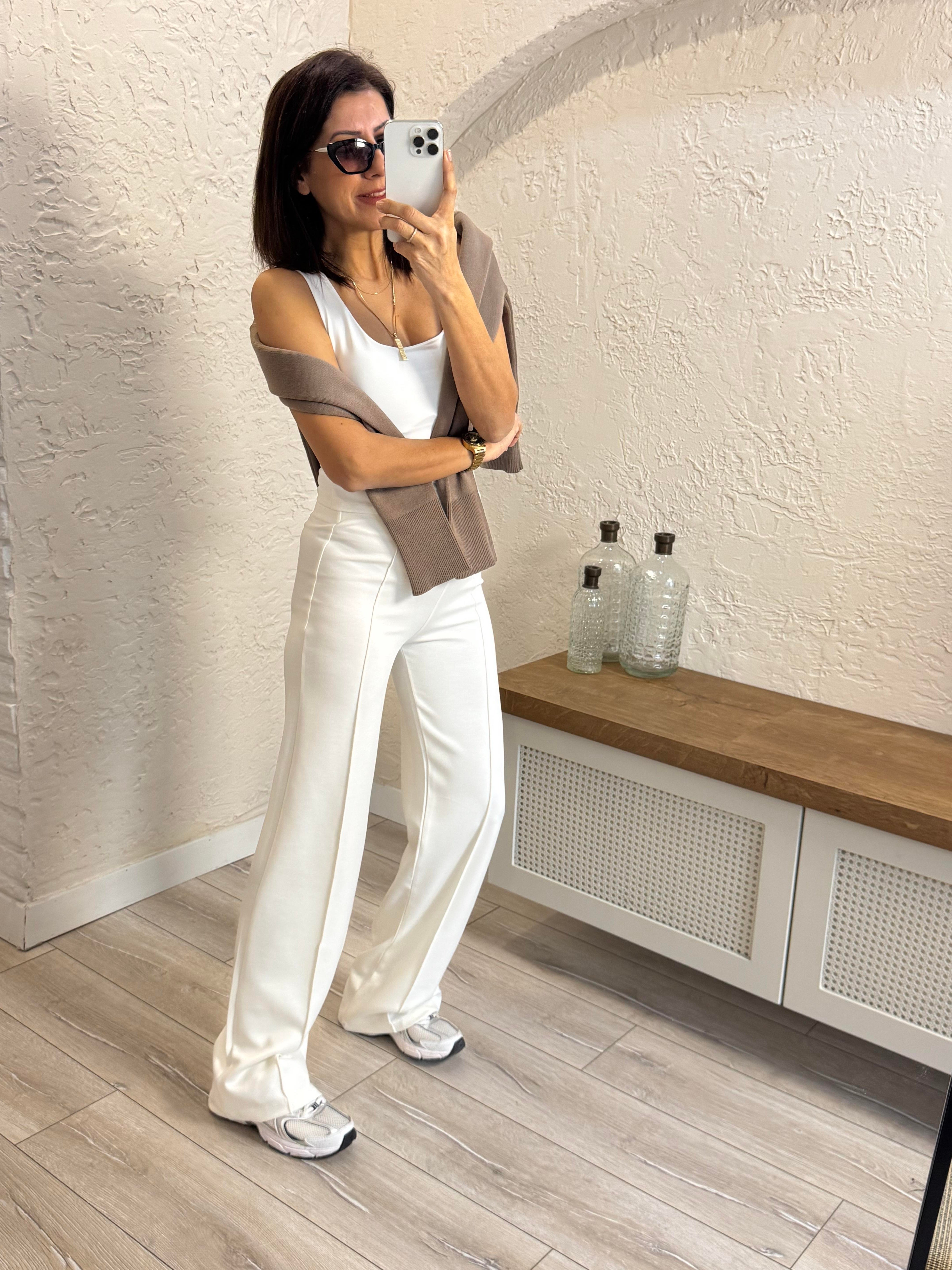 İthal Modal Kumaş Biyeli Pantolon Ekru