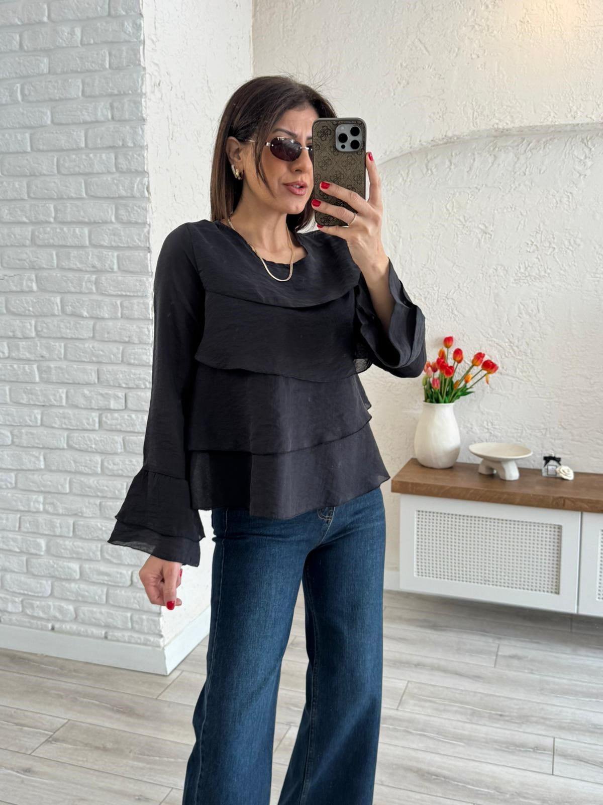 Kadın Kat Kat Volanlı Bluz Siyah