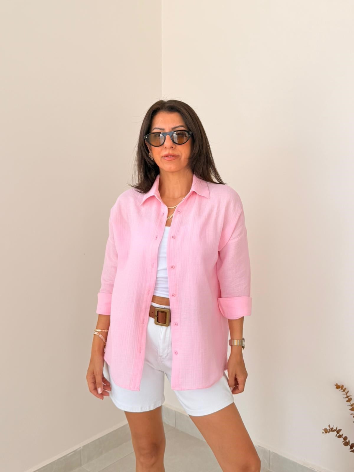 Kadın Uzun Kollu Oversıze Müslin Gömlek  Pembe