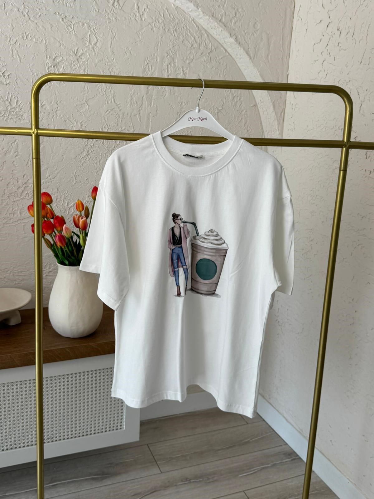 Kahve Kadın Baskılı Oversize Tişort 