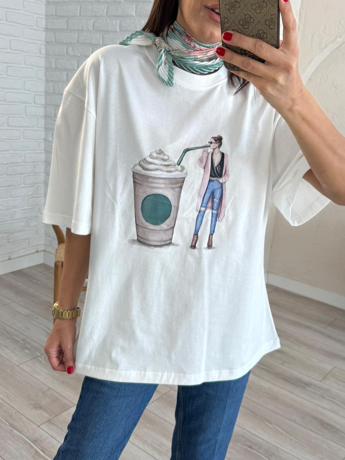 Kahve Kadın Baskılı Oversize Tişort 