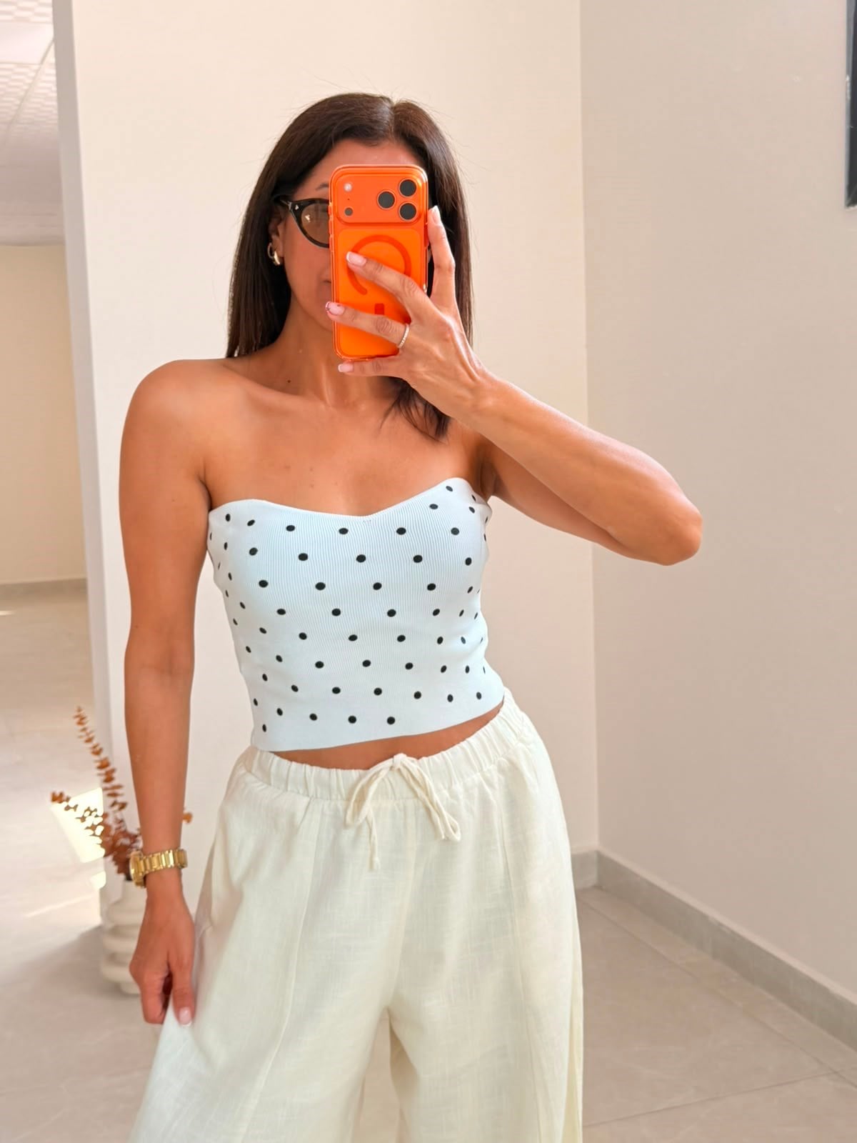 Kalp Yaka Puantiyeli Crop Top Beyaz 