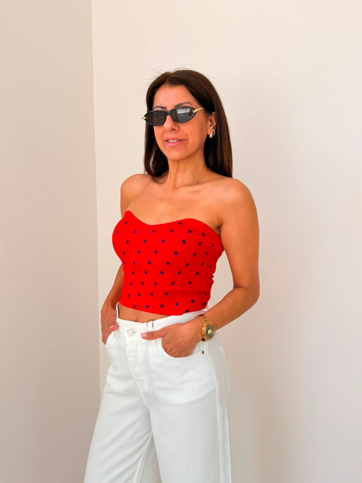 Kalp Yaka Puantiyeli Crop Top Kırmızı