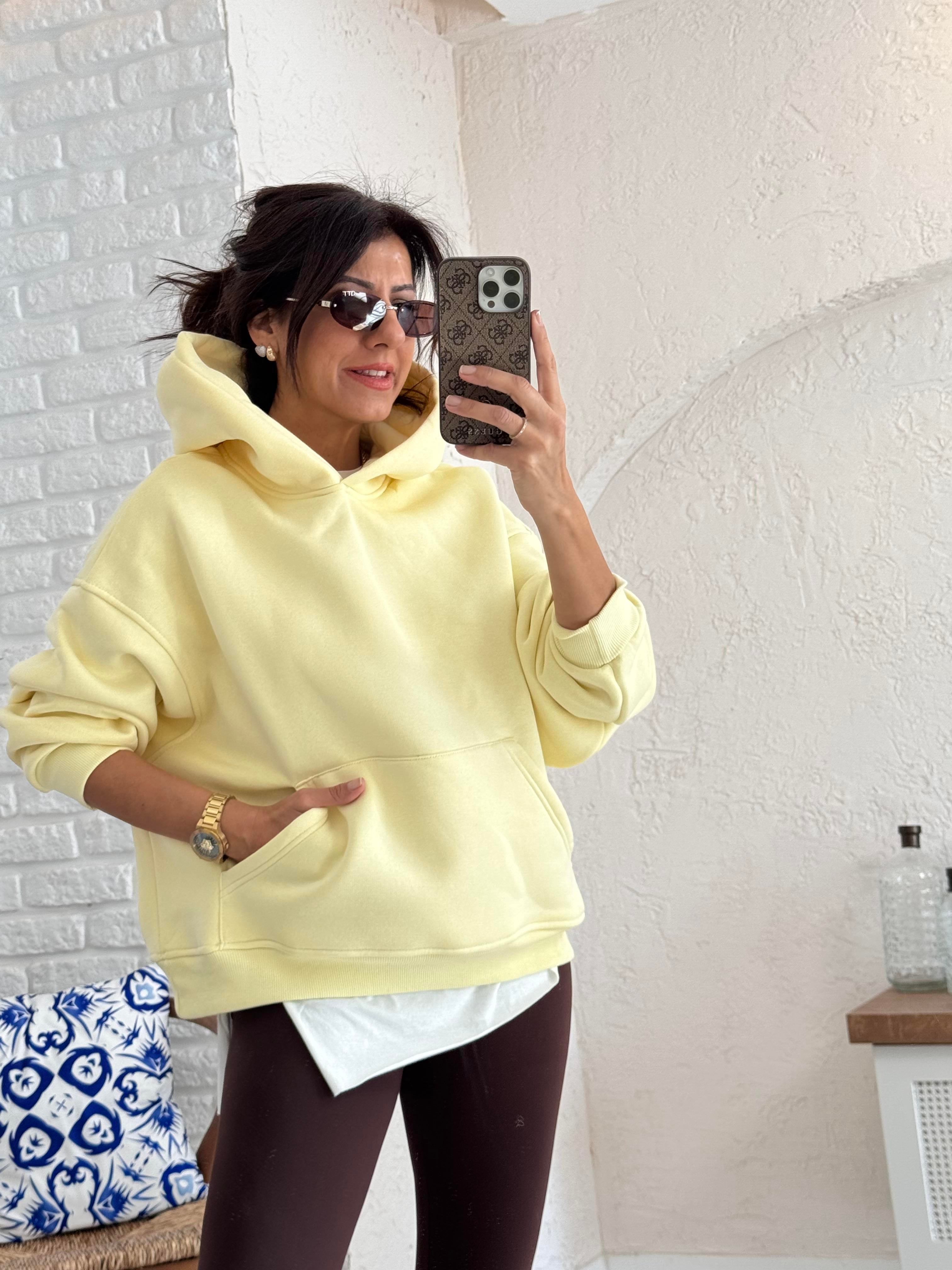 Kapşonlu ön cepli Sweat Sarı