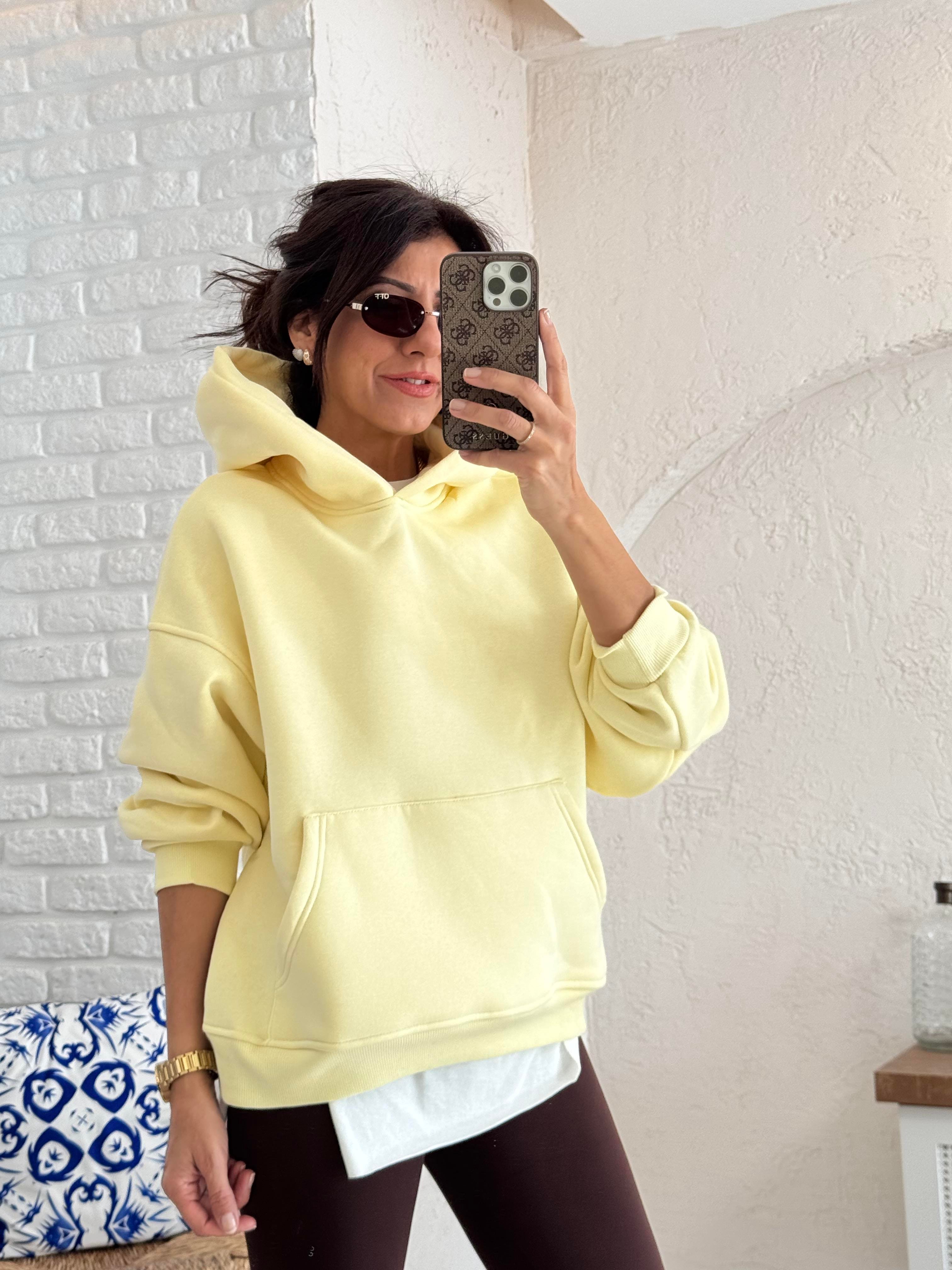 Kapşonlu ön cepli Sweat Sarı