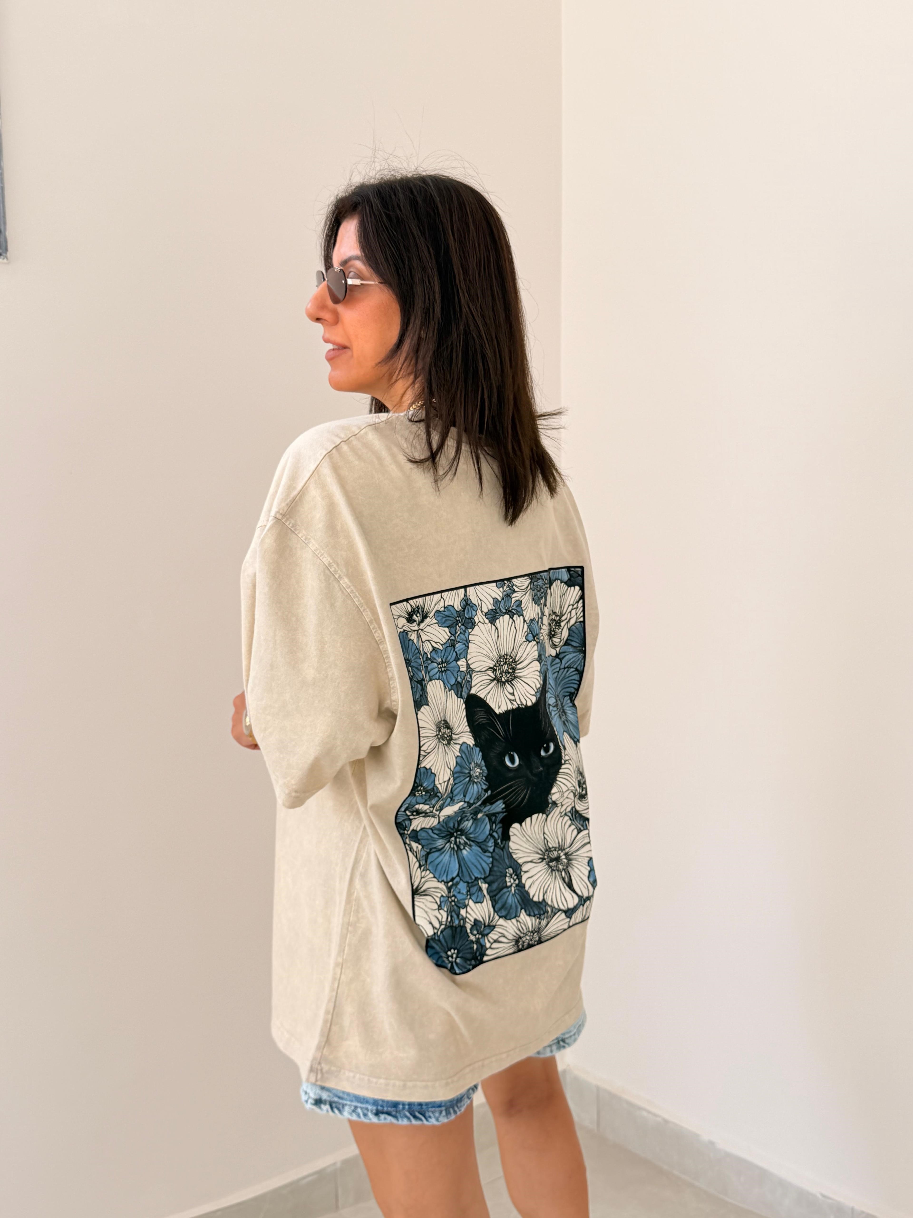Kedi Göz Baskılı Oversize Tişört Eskitme Taş
