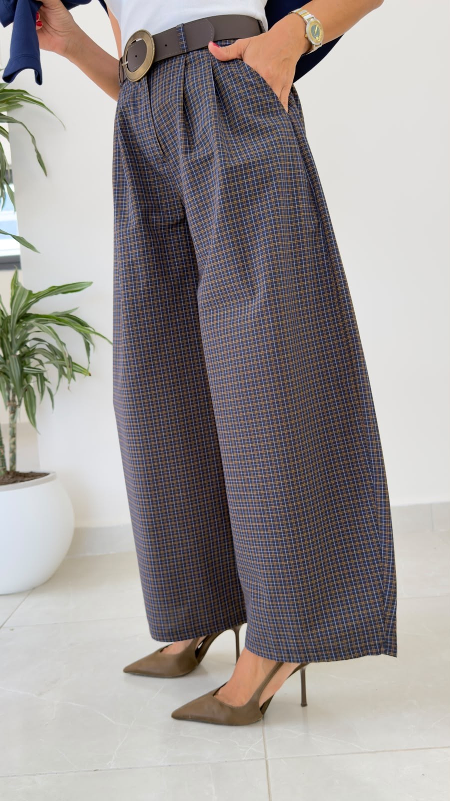 Kemerli Ekose Balon Pantolon Kahve