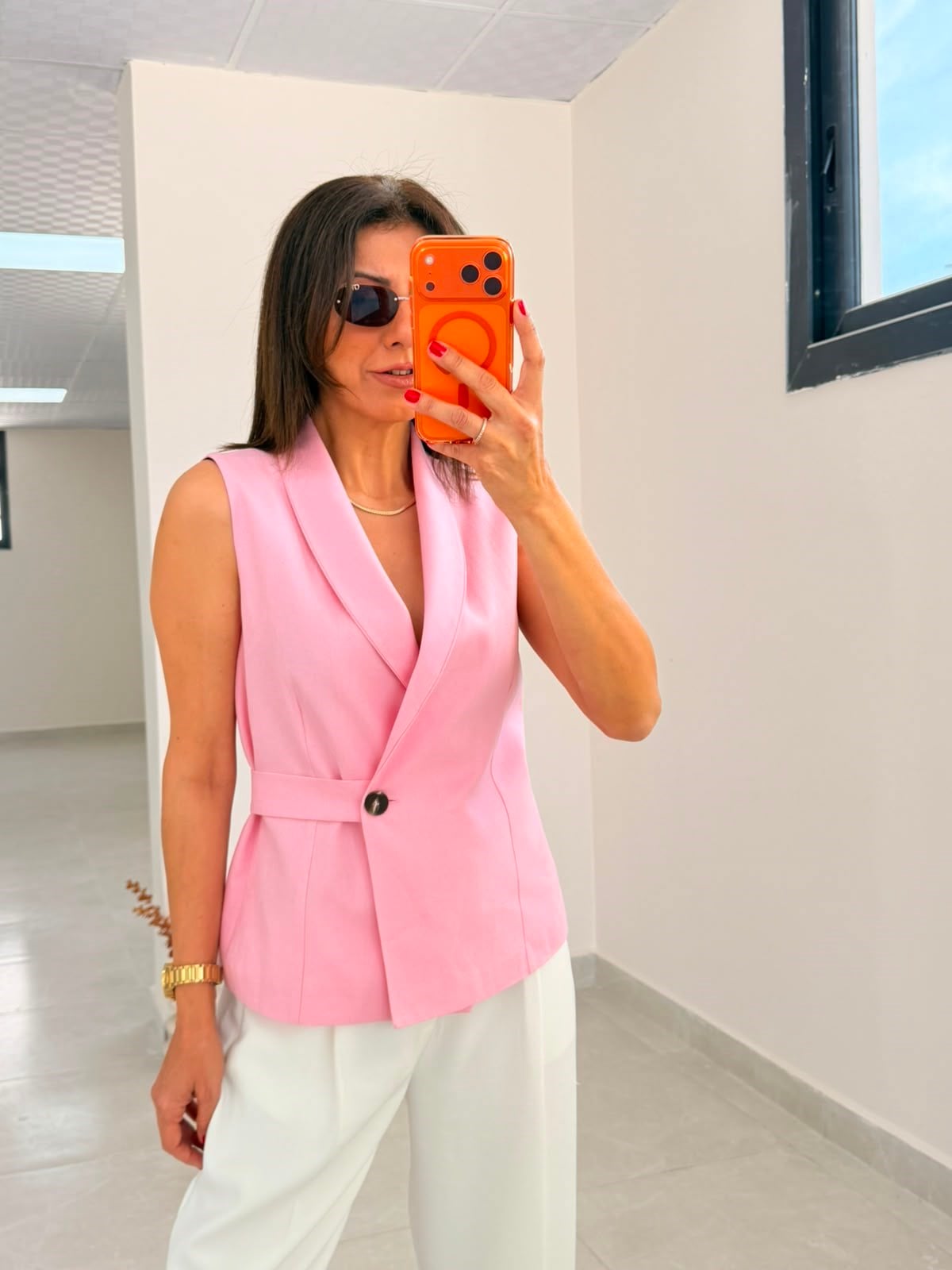 Kruvaze Yaka İç Astarlı Keten Yelek Pembe