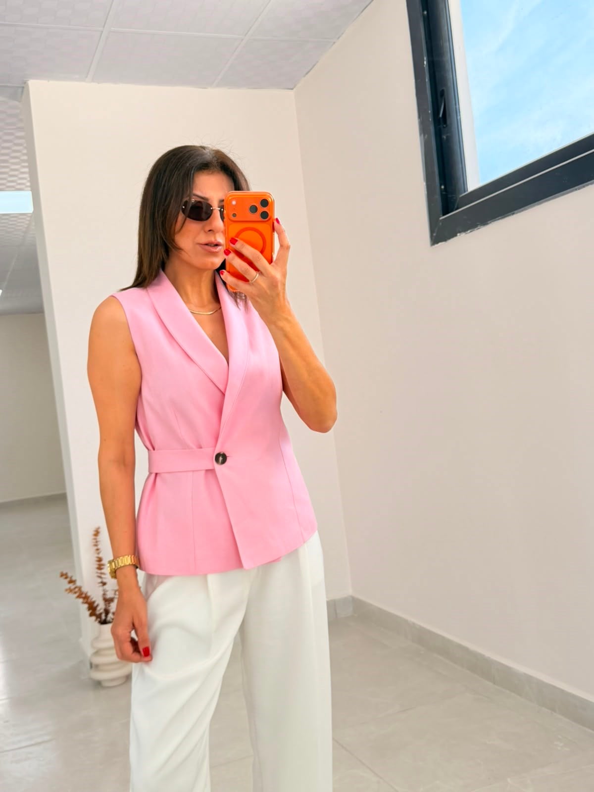 Kruvaze Yaka İç Astarlı Keten Yelek Pembe