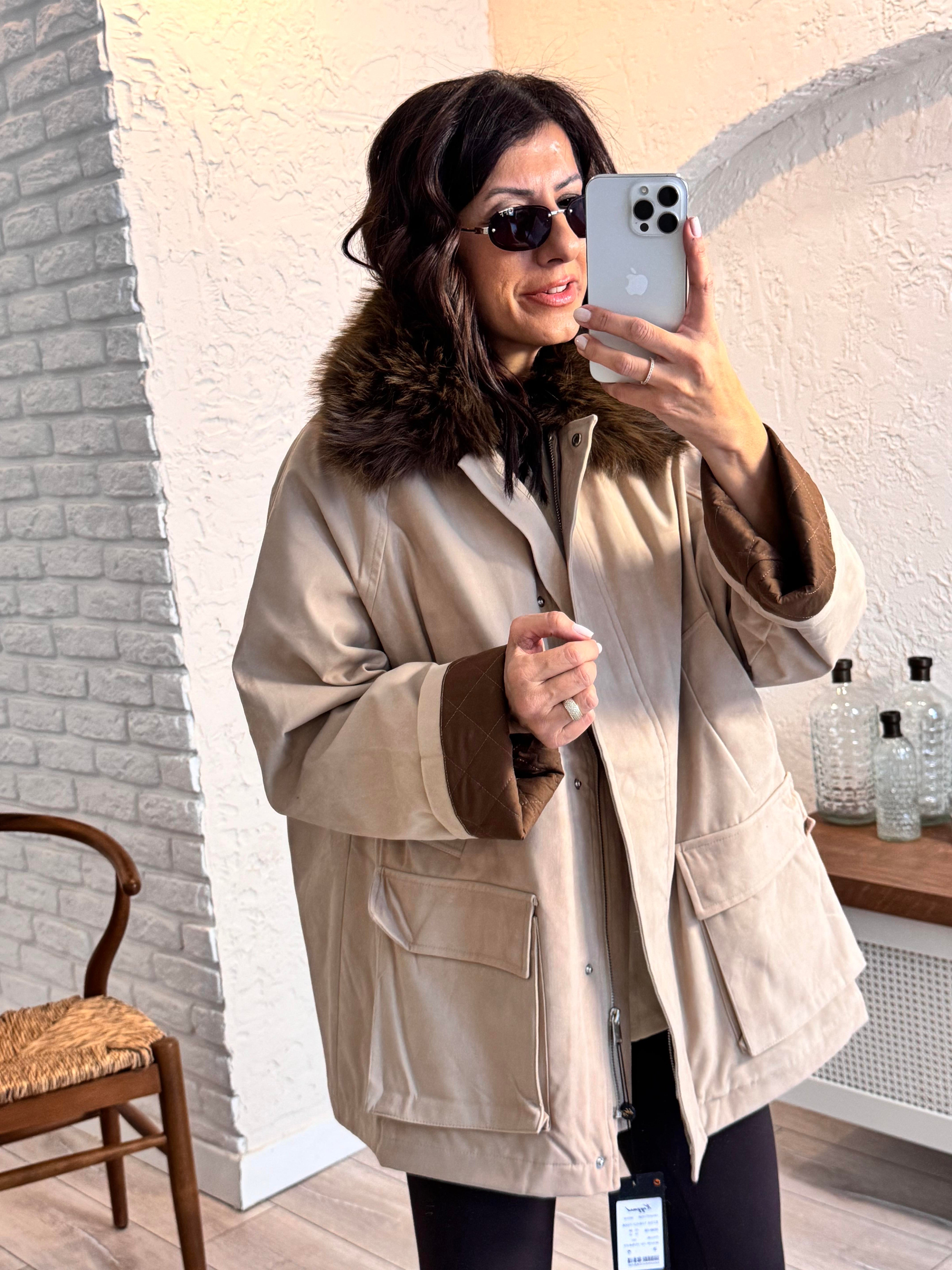 Kürk Yakalı Parka Bej