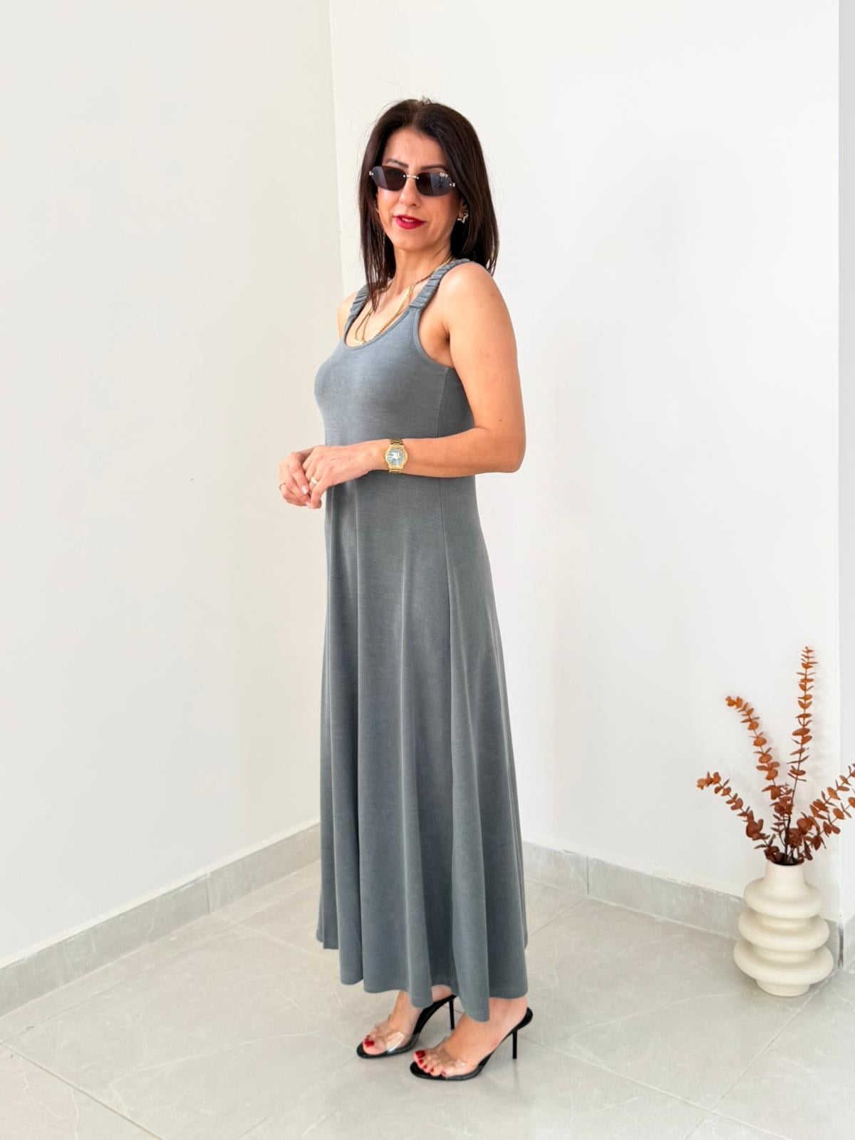 Lastik Askılı Pike Modal Elbise Eskitme Haki