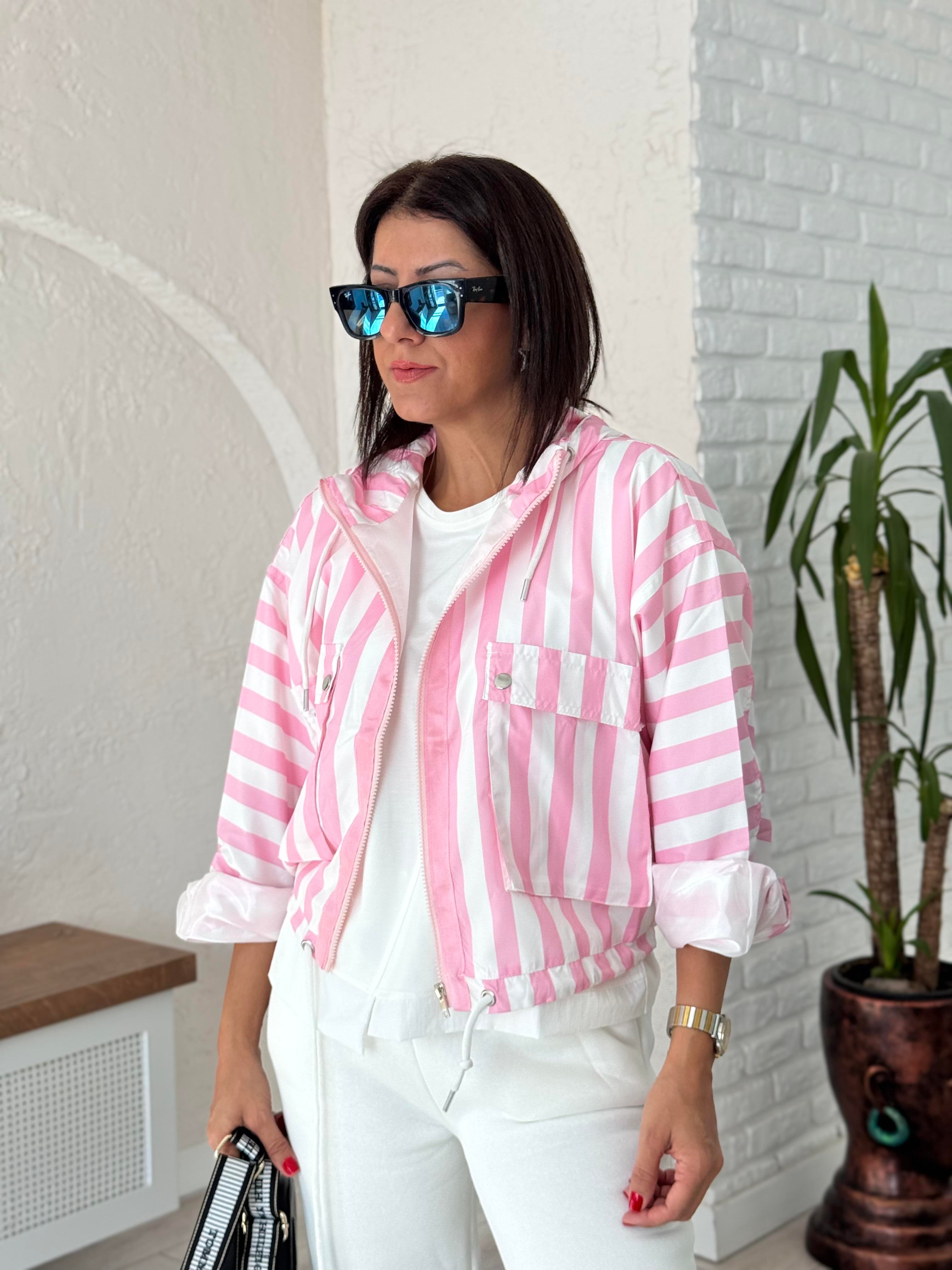 Marine Çizgili Kapşonlu Pembe Ceket