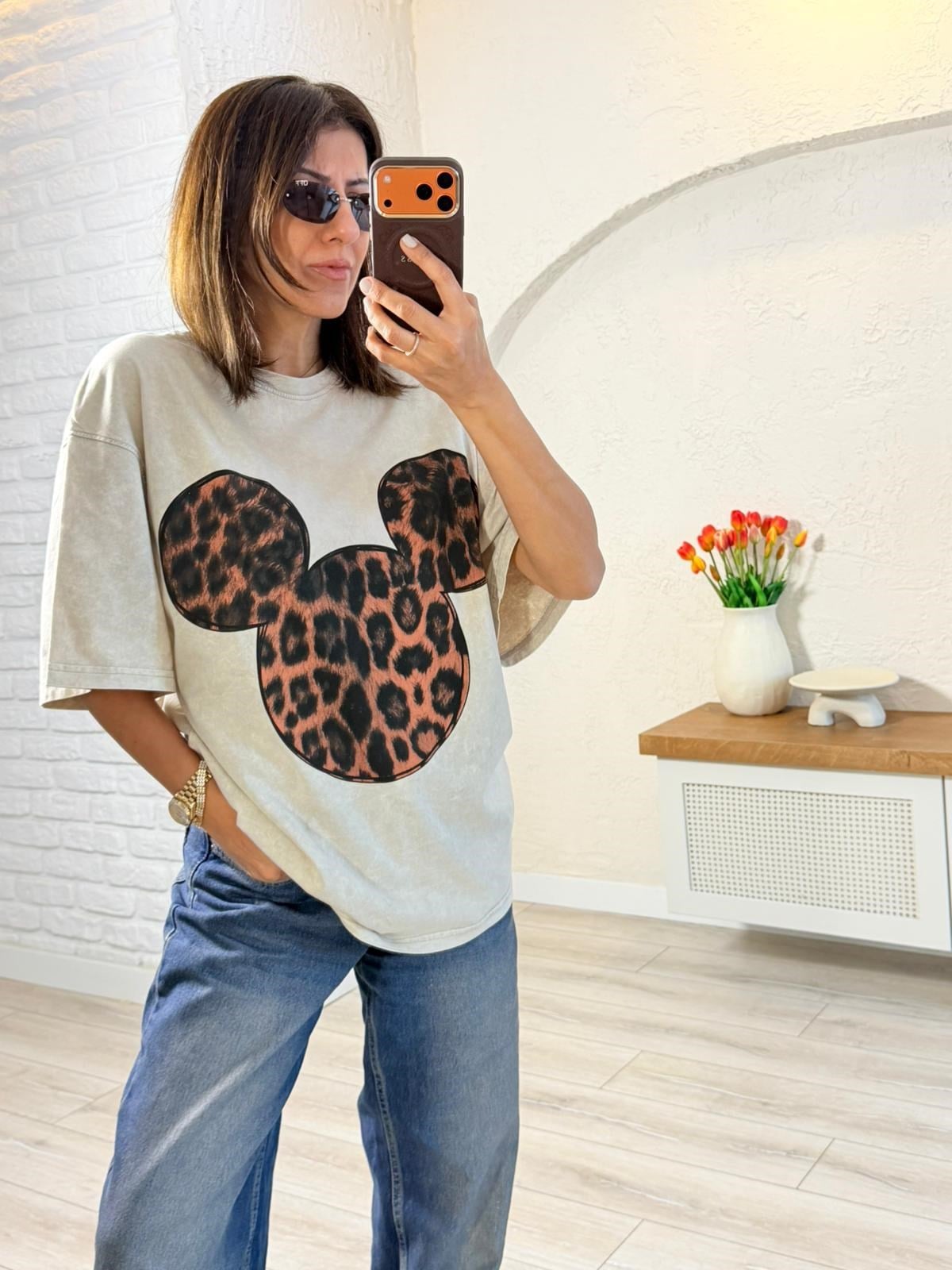 Mickey Leopar Baskılı Oversıze Tişört Eskitme Taş