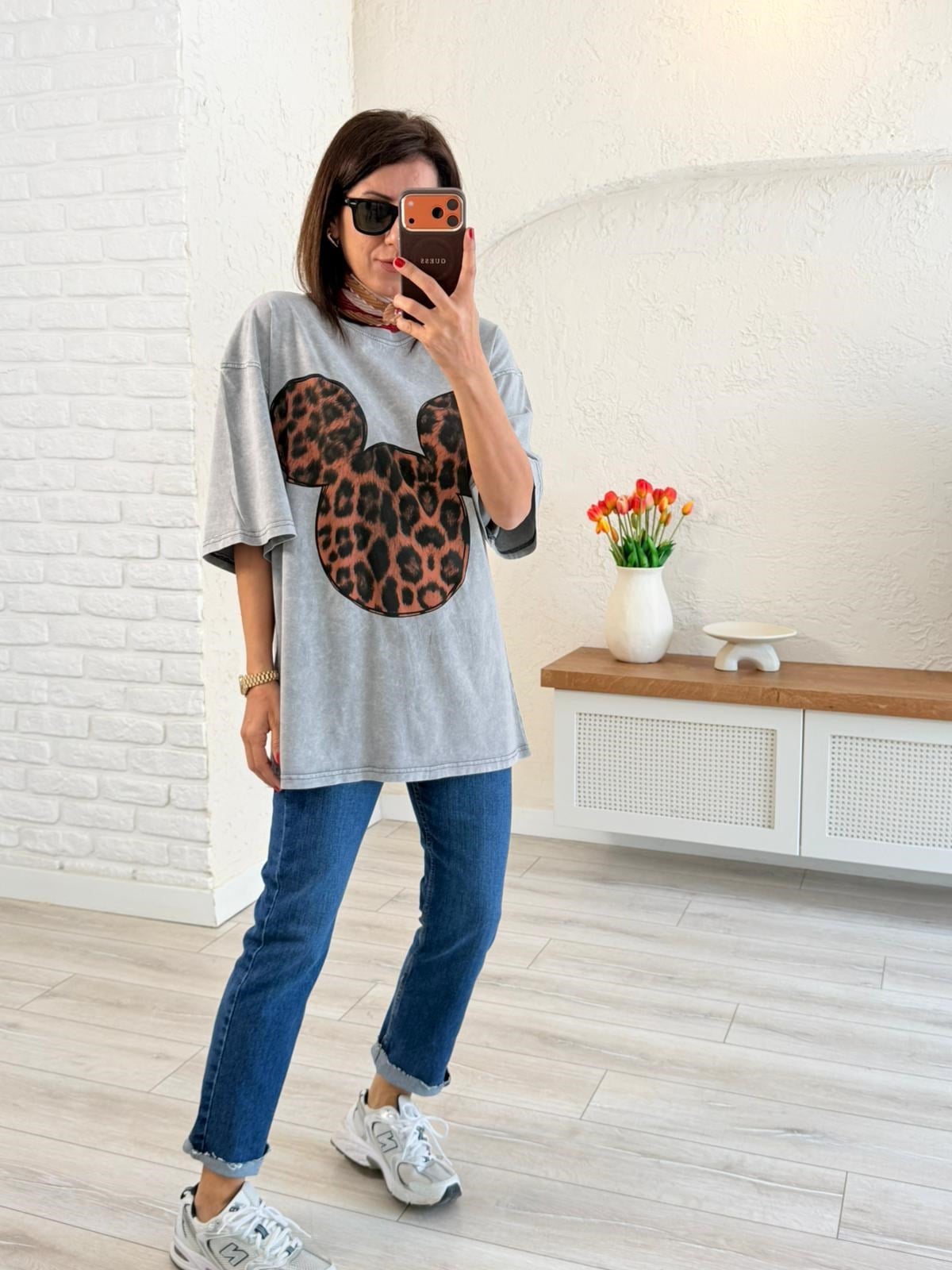 Mickey Leopar Baskılı Oversıze Tişört Eskitme Gri