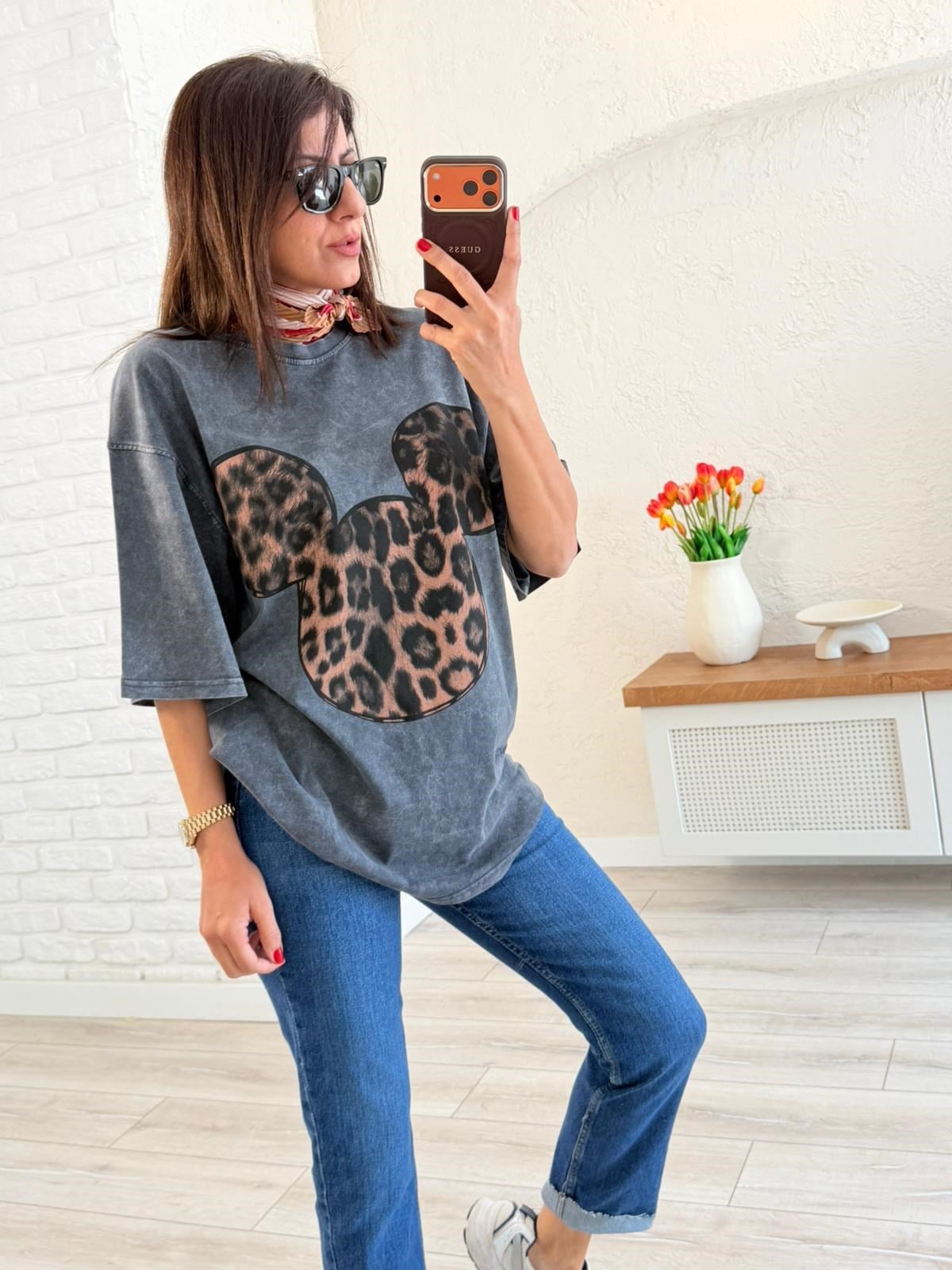 Mickey Leopar Baskılı Oversıze Tişört Eskitme Antrasit