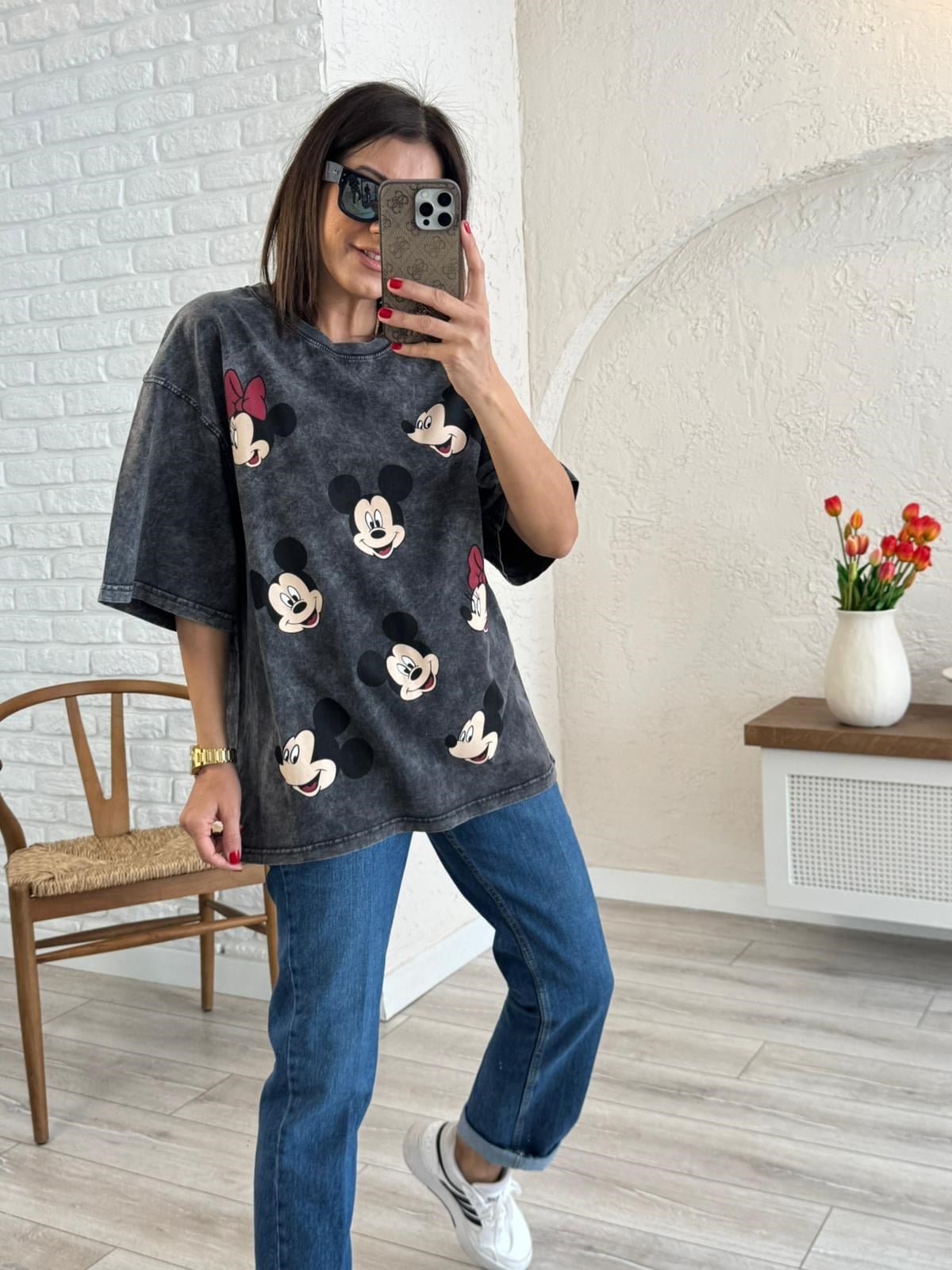 Miki Mini Baskılı Oversize Tişört Antrasit