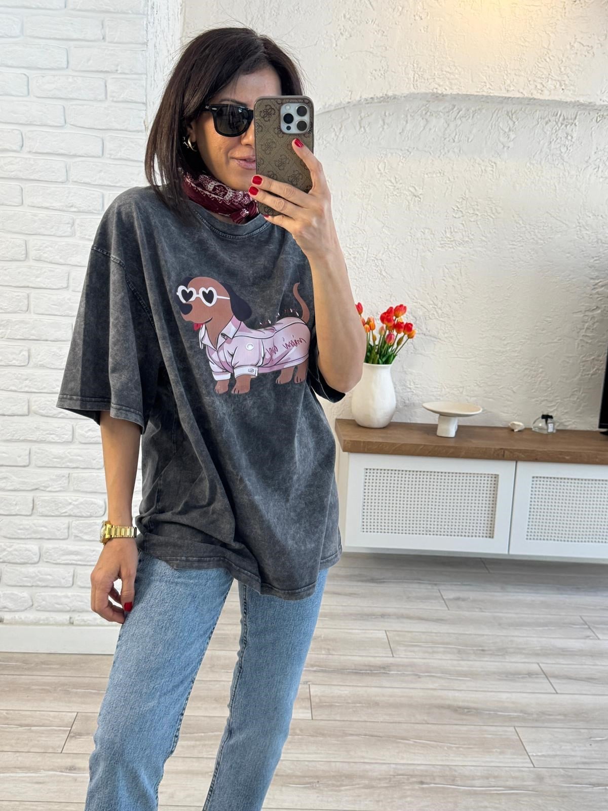 Mini Dog Baskılı Oversize Tişört Antrasit