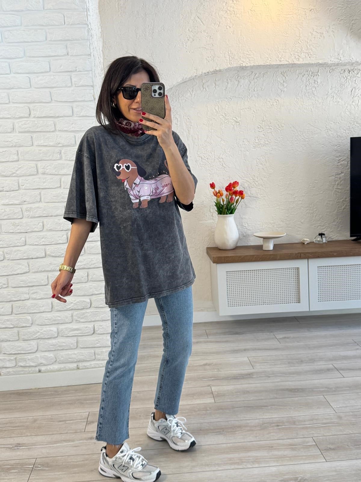 Mini Dog Baskılı Oversize Tişört Antrasit