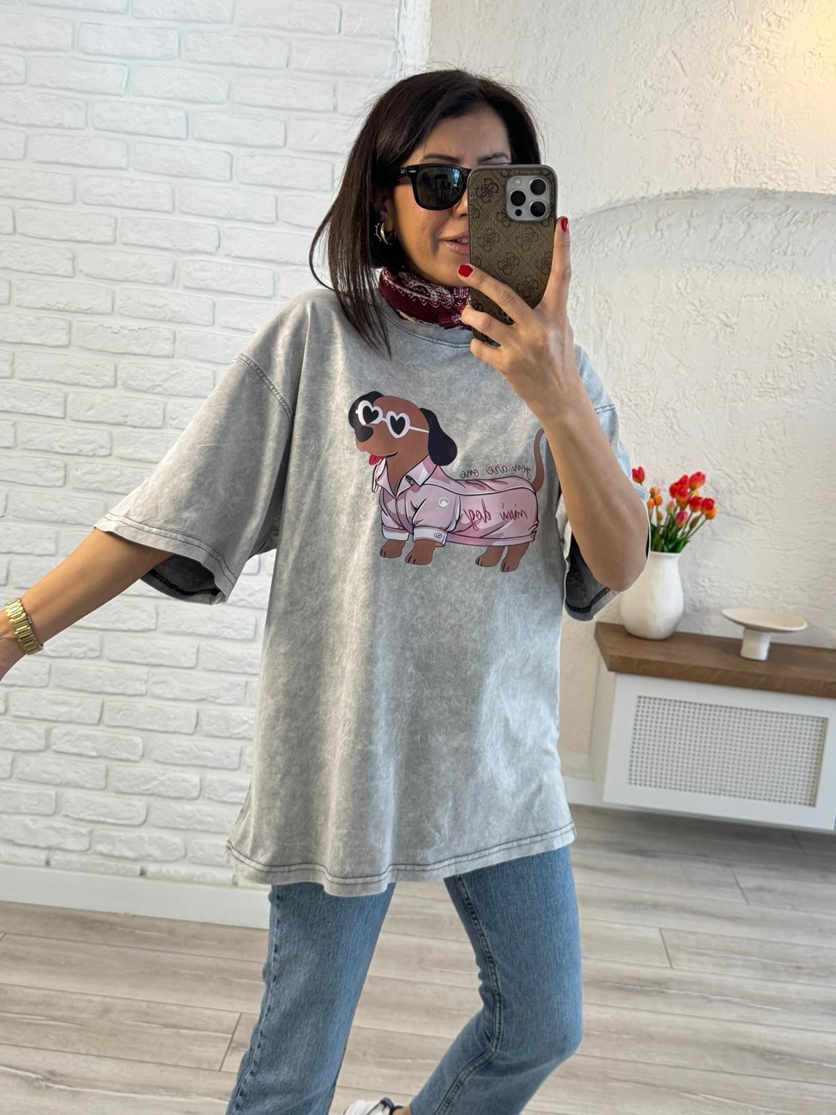 Mini Dog Baskılı Oversize Tişört Gri