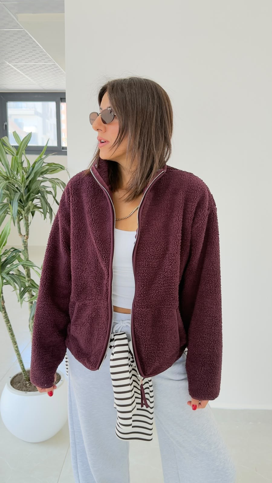 Mürdüm Fermuarlı Polar Ceket