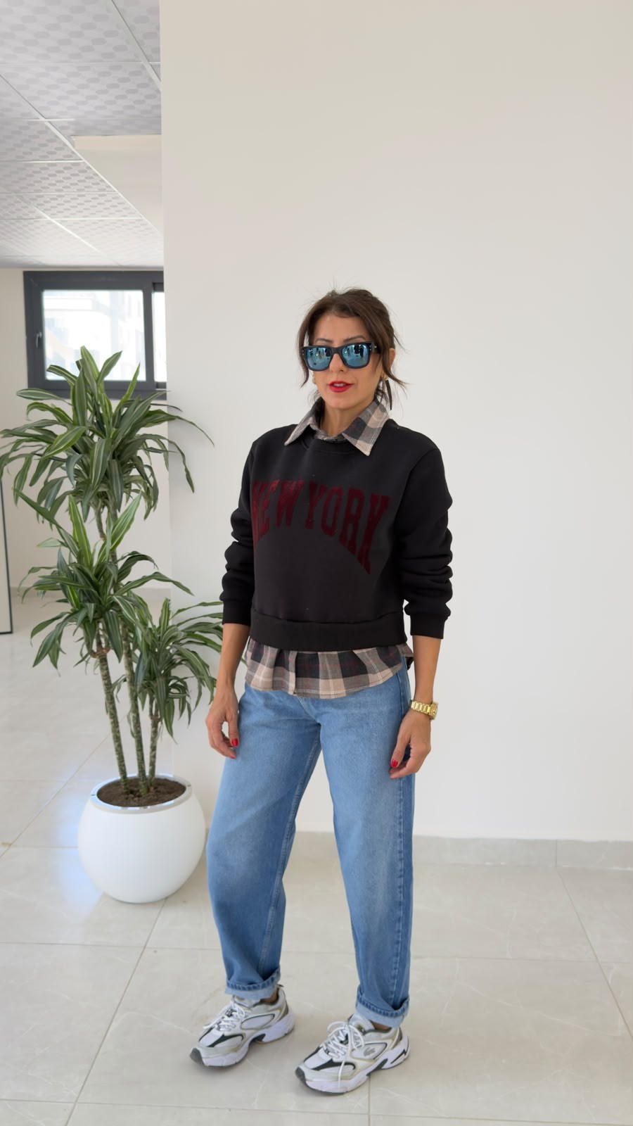 Ön Baskı Ekose Gömlek Yaka Üç İplik Şardonlu Sweat Siyah