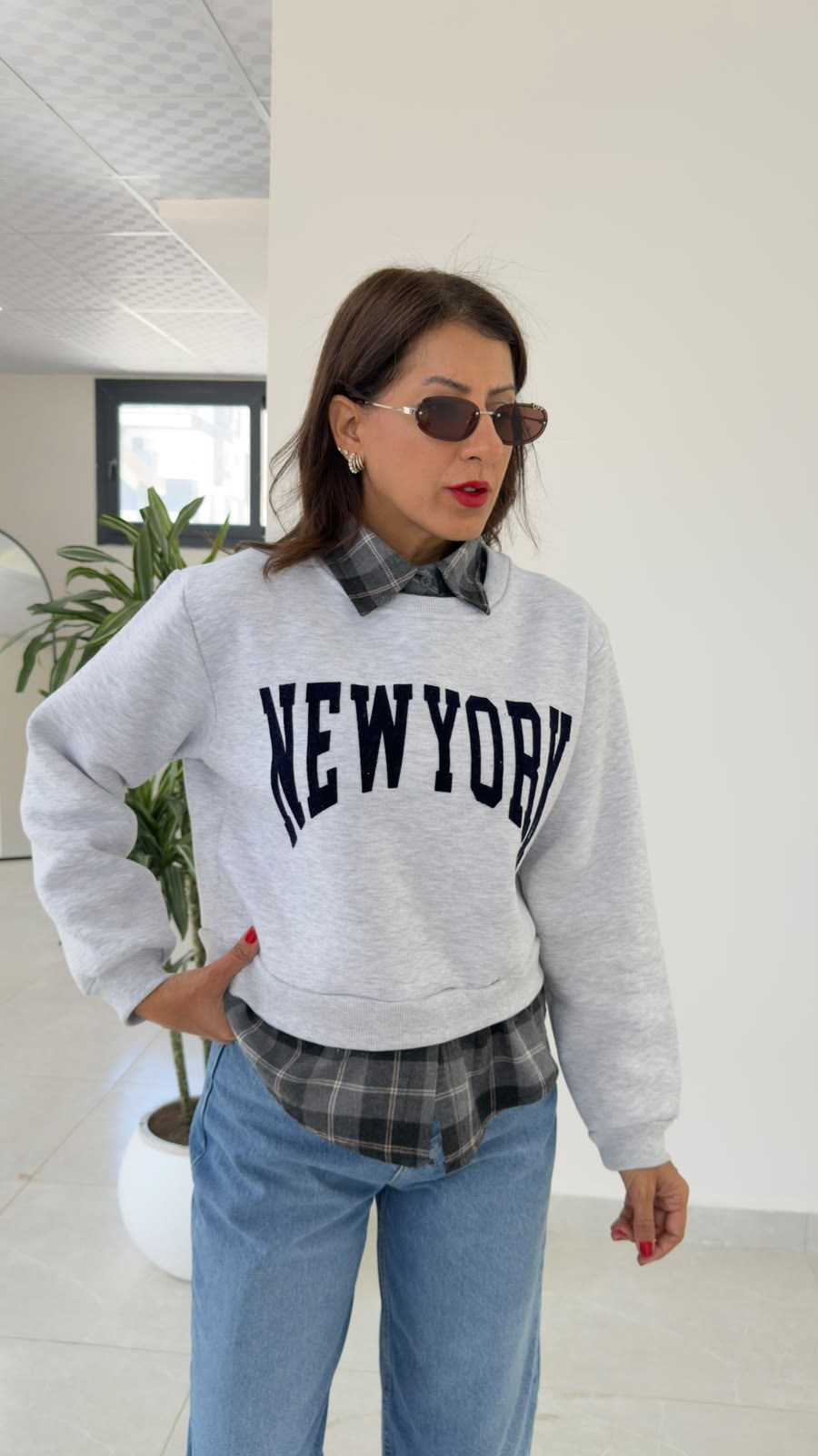 Ön Baskı Ekose Gömlek Yaka Üç İplik Şardonlu Sweat Gri