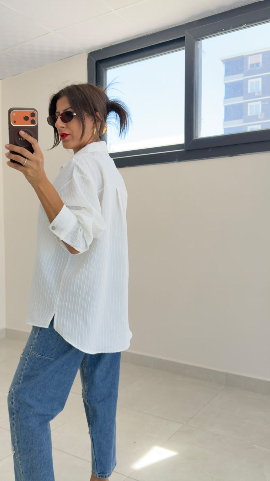 Ön Cepli Kendinden Çizgili Oversize Gömlek Ekru