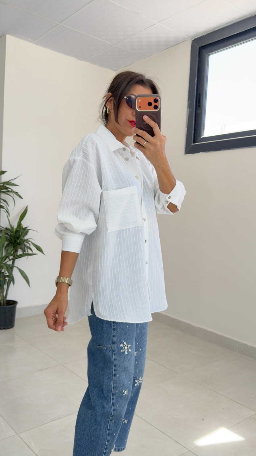 Ön Cepli Kendinden Çizgili Oversize Gömlek Ekru