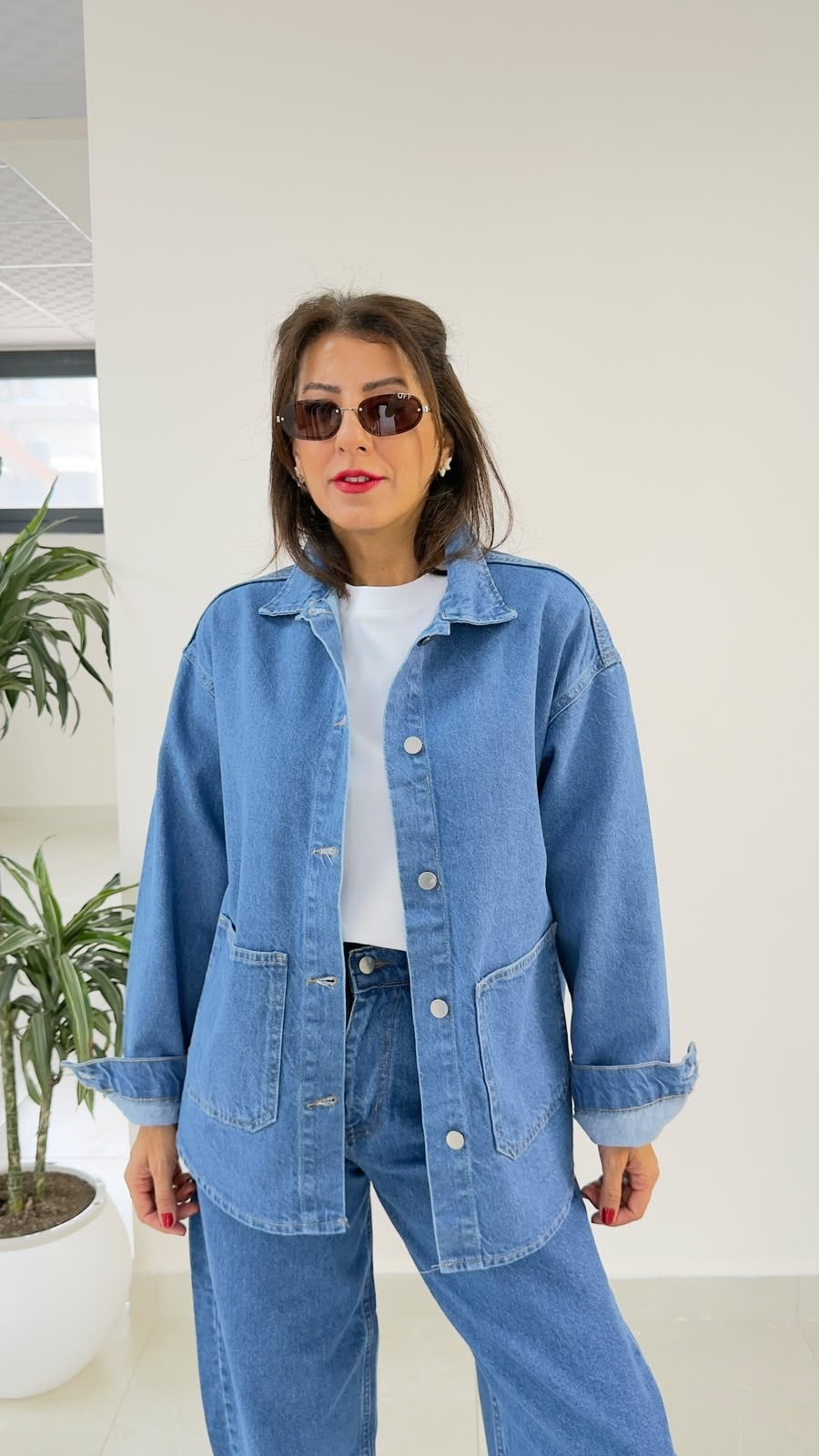 Ön Düğmeli Cepli Denim Ceket Mavi