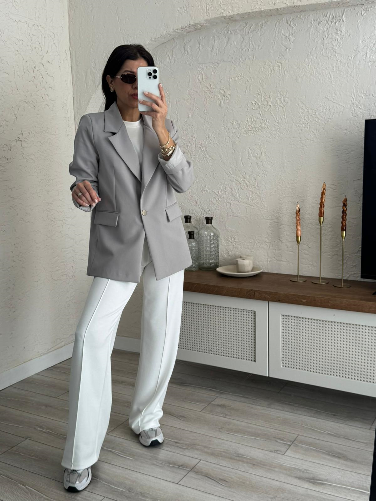 Ön Düğmeli Klasik Blazer Ceket  Açık Gri