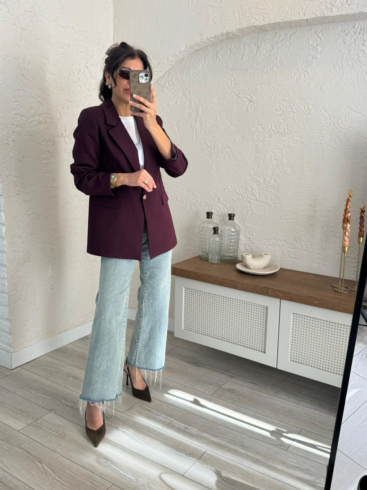 Ön Düğmeli Klasik Blazer Ceket  Bordo
