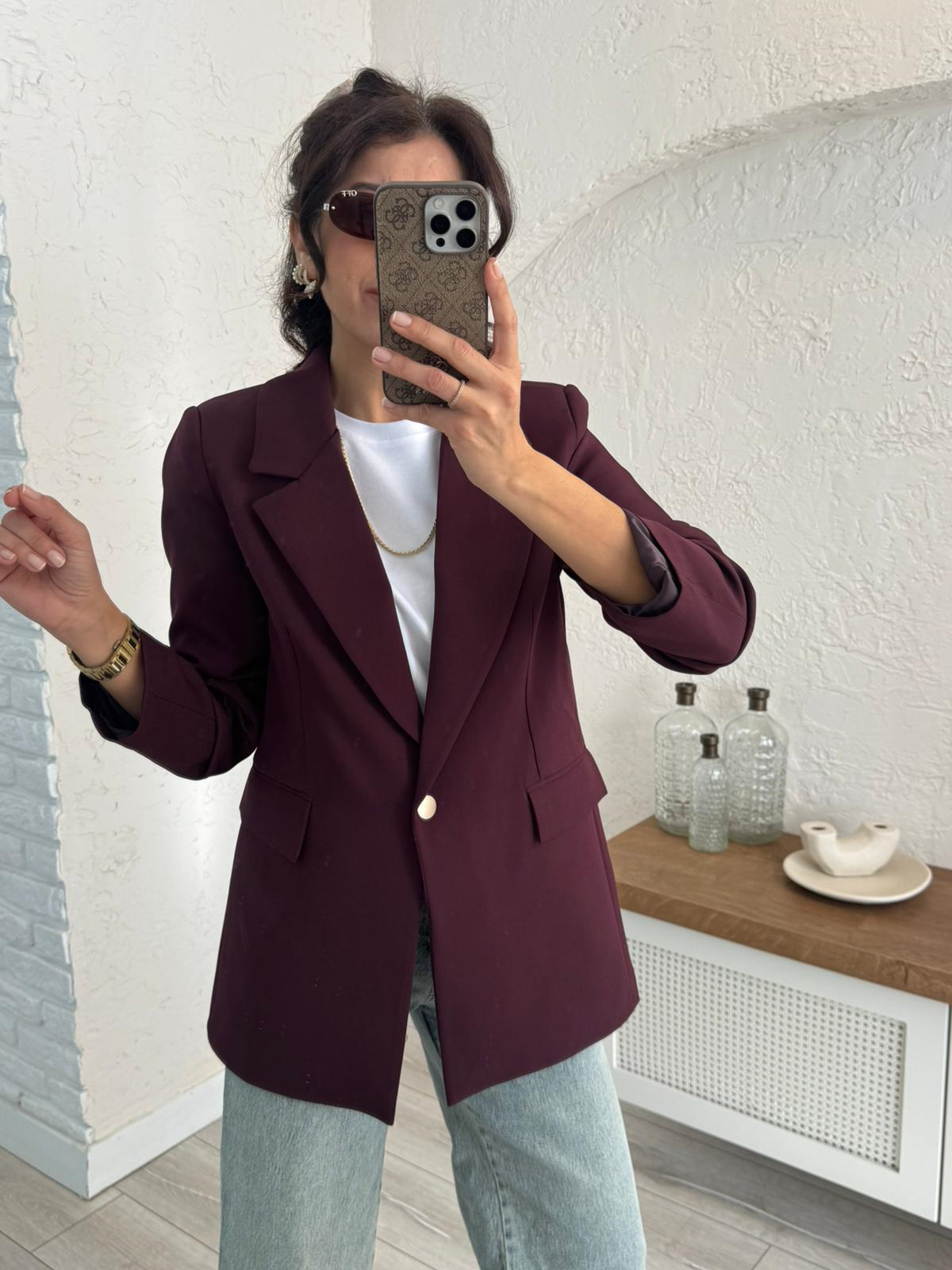 Ön Düğmeli Klasik Blazer Ceket  Bordo